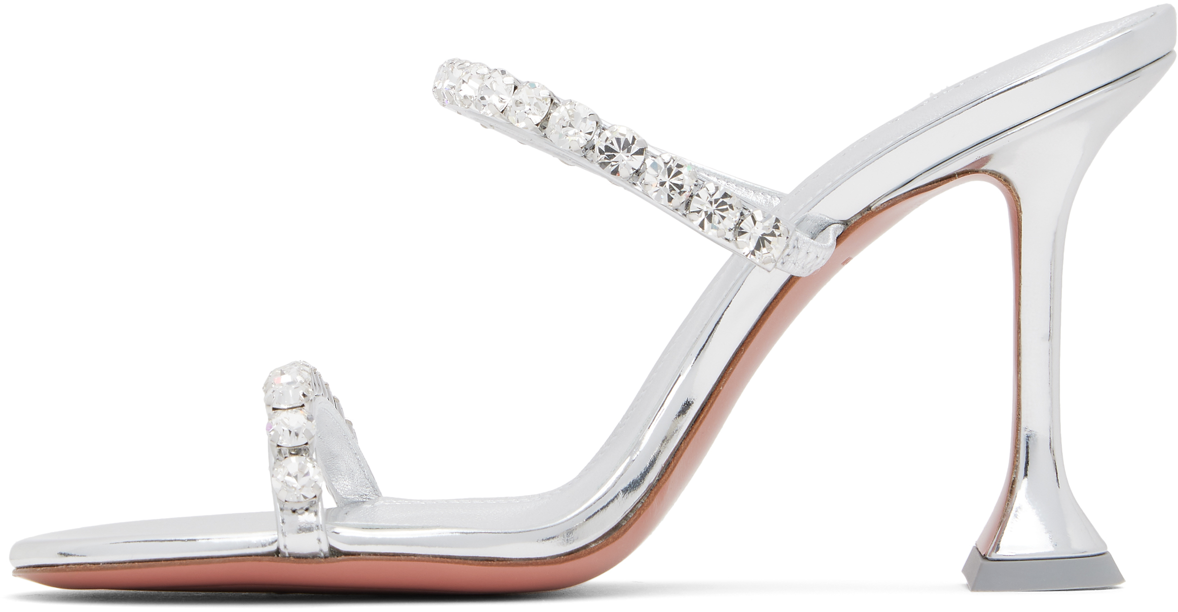 Amina Muaddi Metallic Leather Slippers With Crystal Embellishments In Mirror Silver + Whit