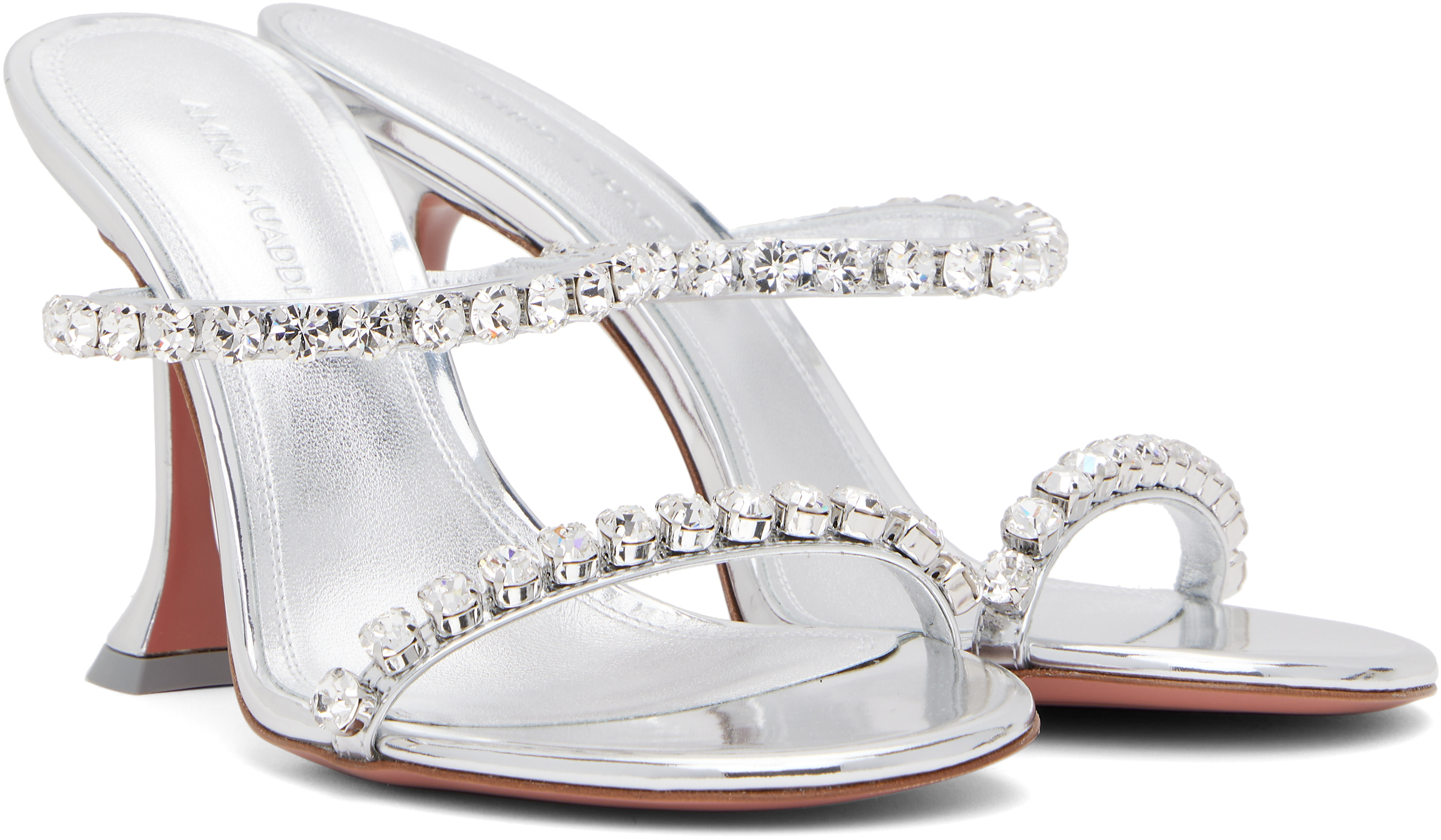 Amina Muaddi Metallic Leather Slippers With Crystal Embellishments In Mirror Silver + Whit