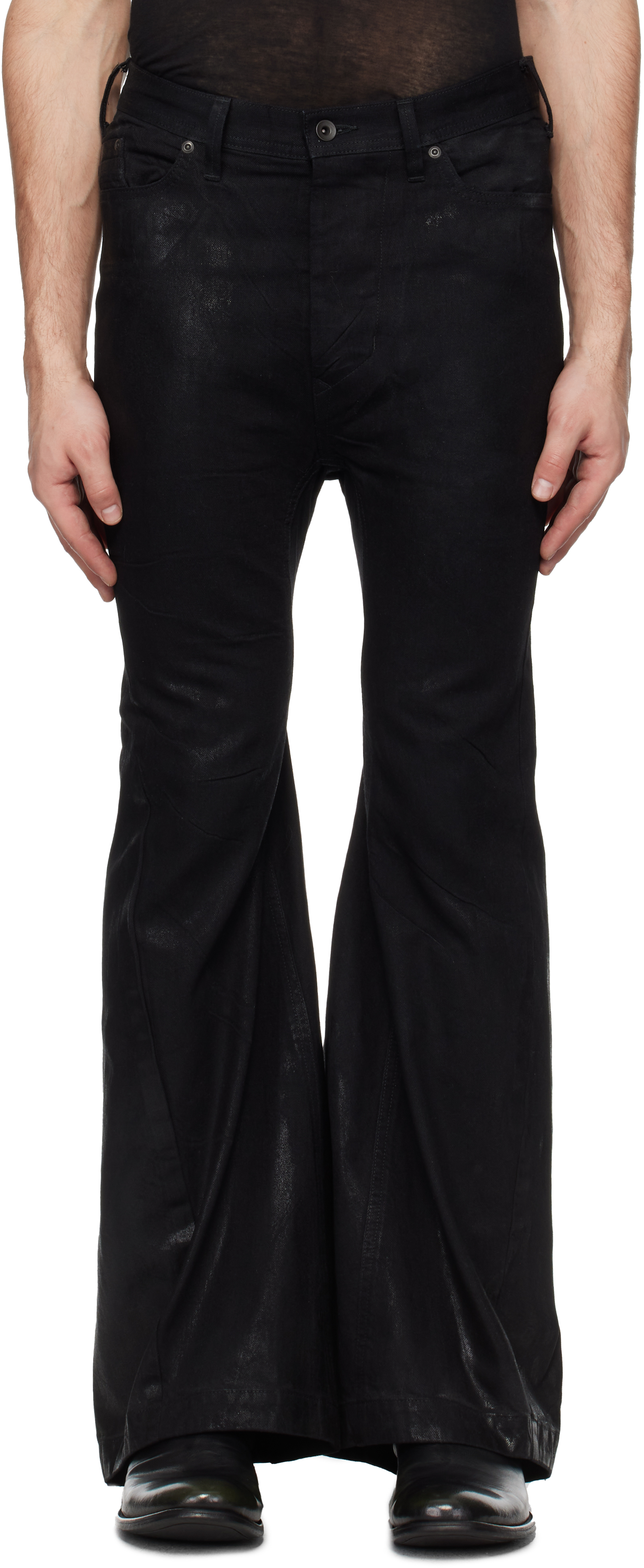 Julius: Black Flared Jet Jeans | SSENSE