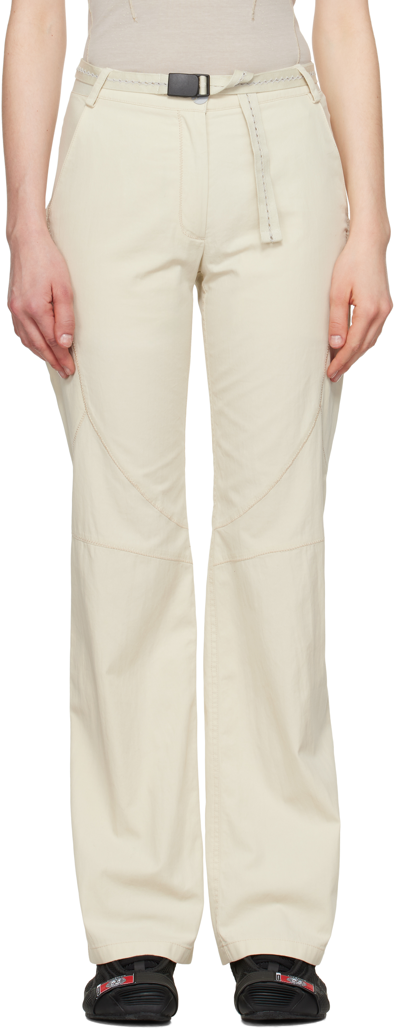 Beige Low-Rise Belted Trousers