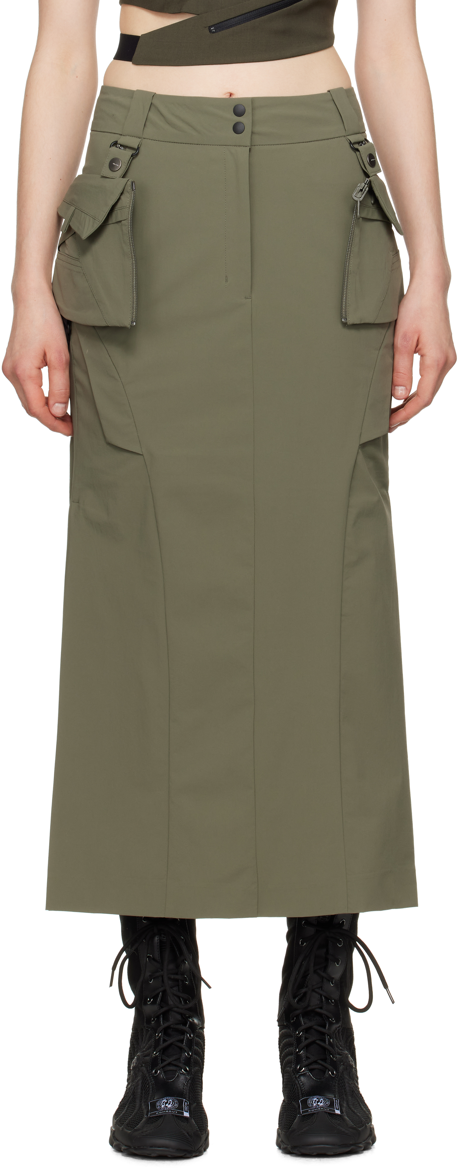 Khaki Cargo Midi Skirt 
Top Set