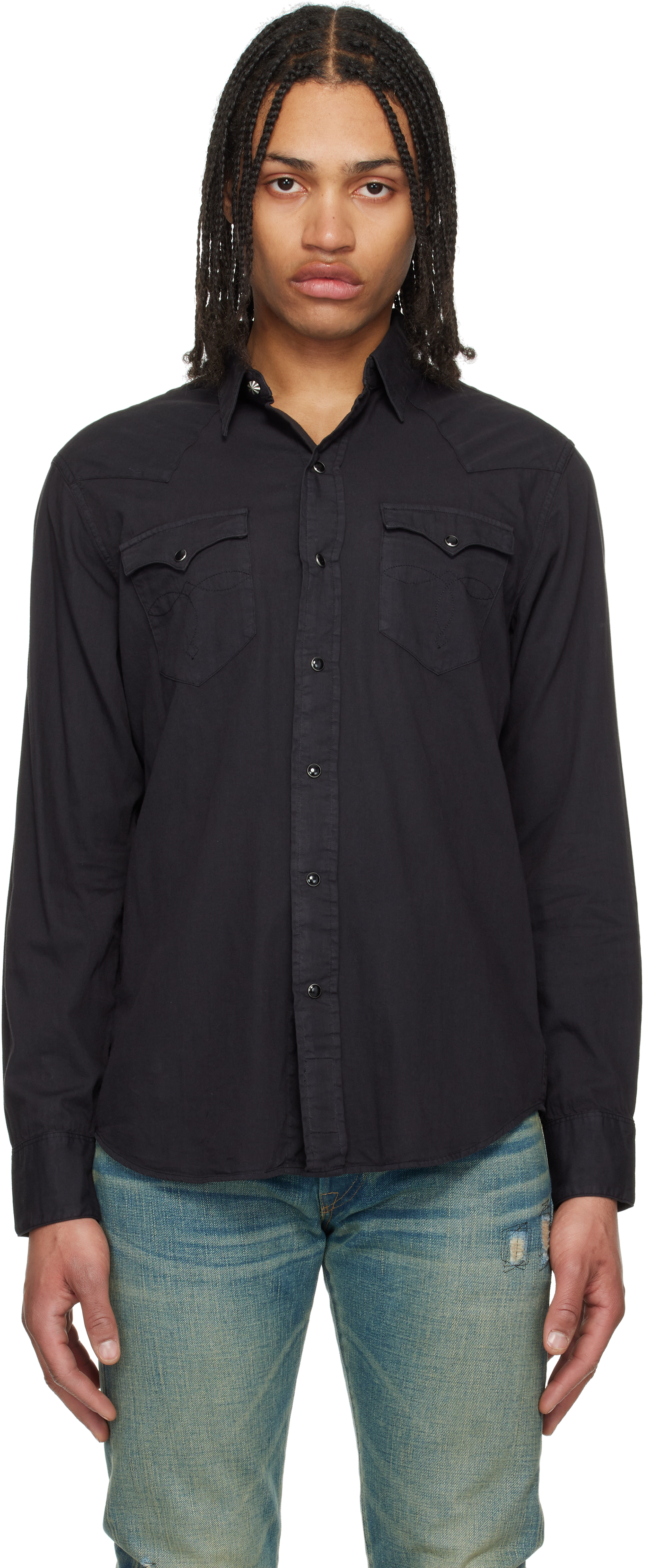 Black Slim Fit Twill Western Shirt