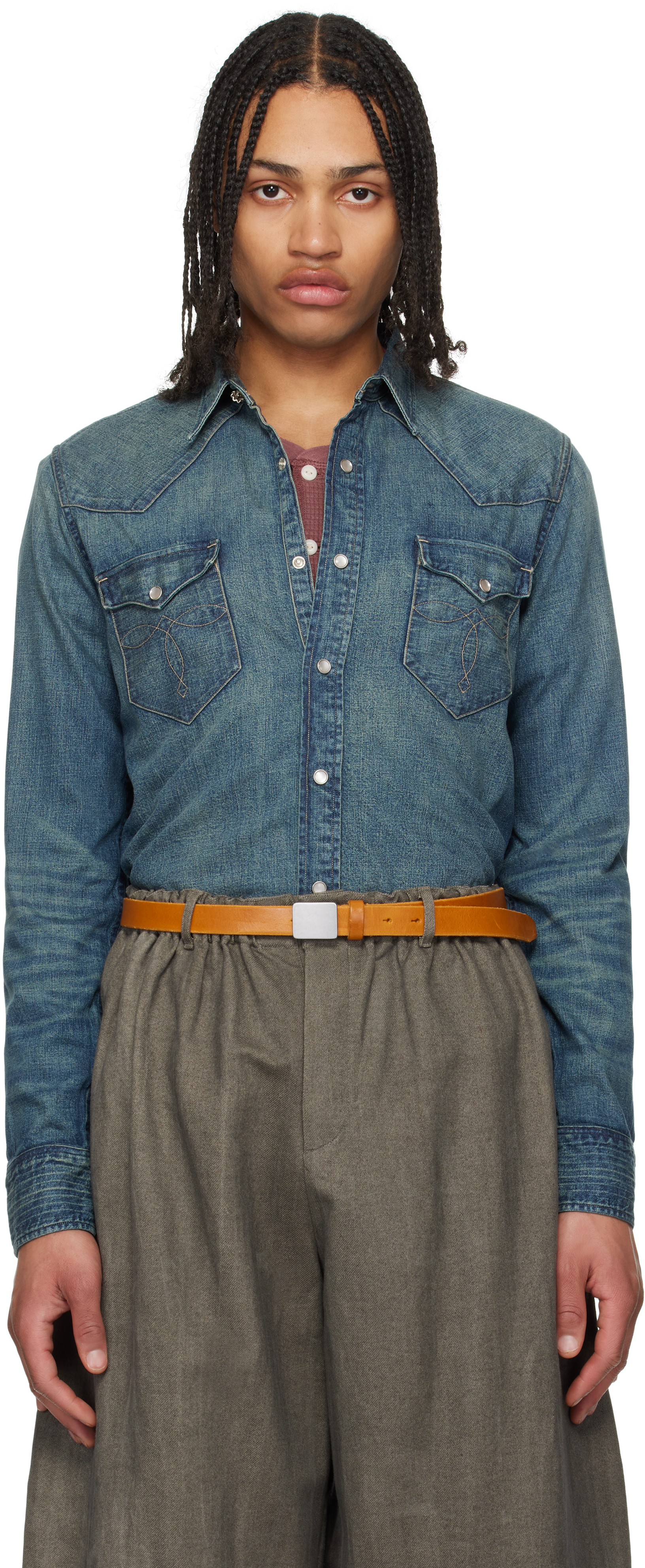 Blue Slim Fit Western Denim Shirt by RRL on Sale