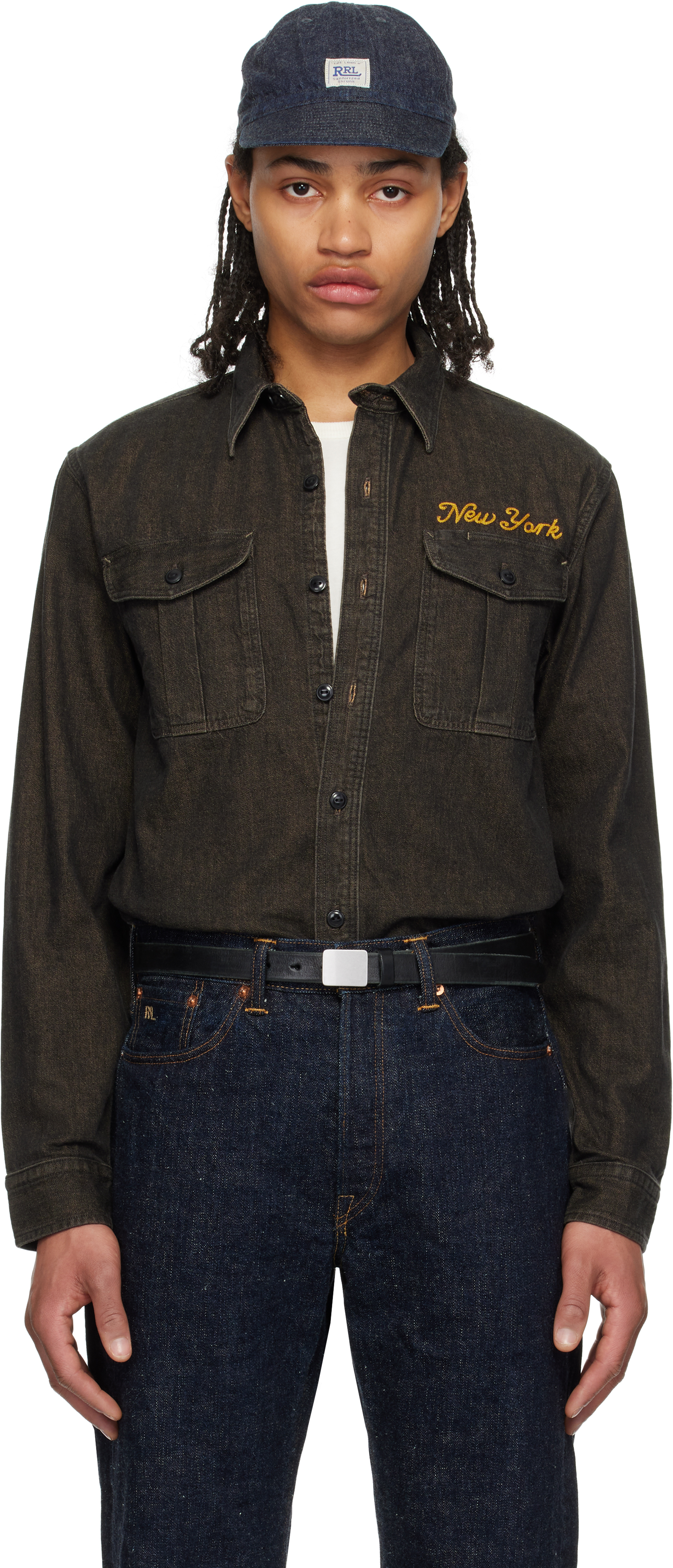 Black Embroidered Work Denim Shirt