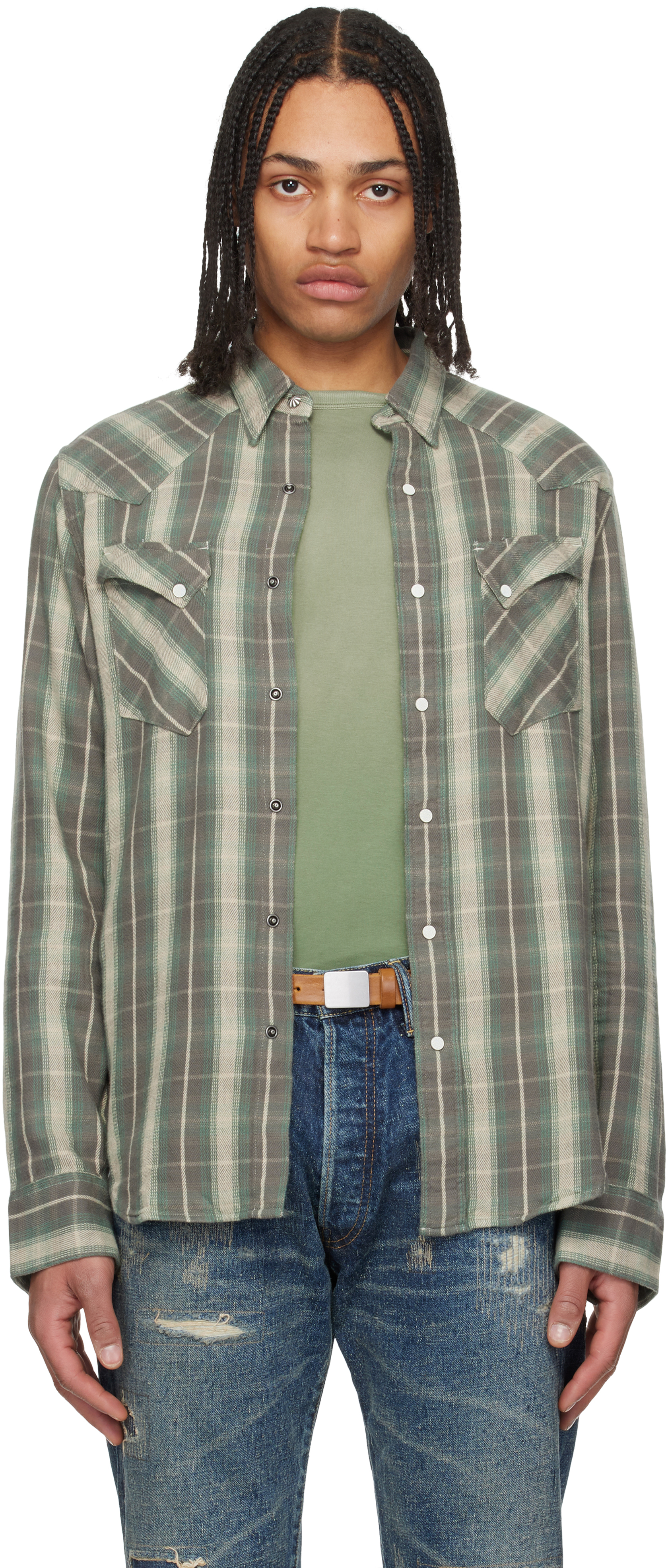 Green & Gray Slim Fit Plaid Twill Western Shirt