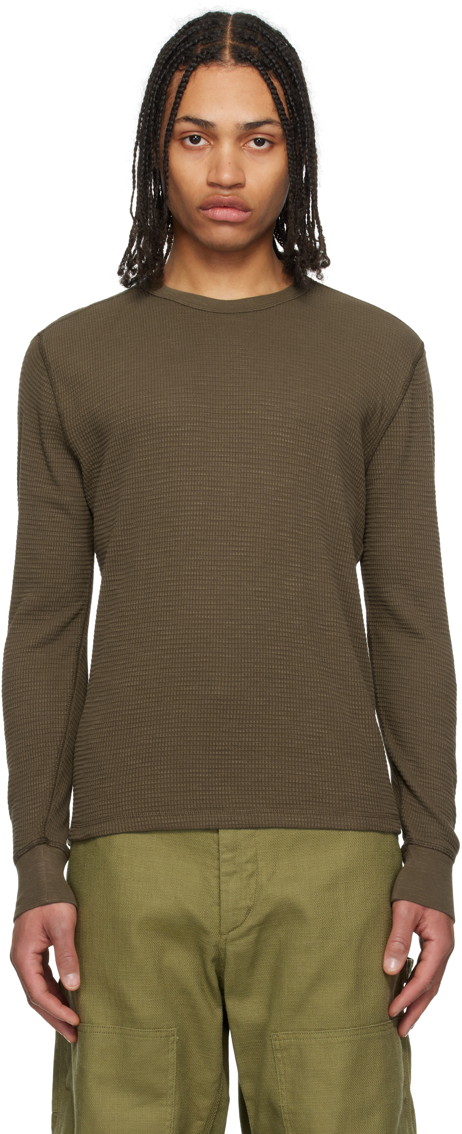 Khaki Garment-Dyed Waffle-Knit Crewneck Sweatshirt