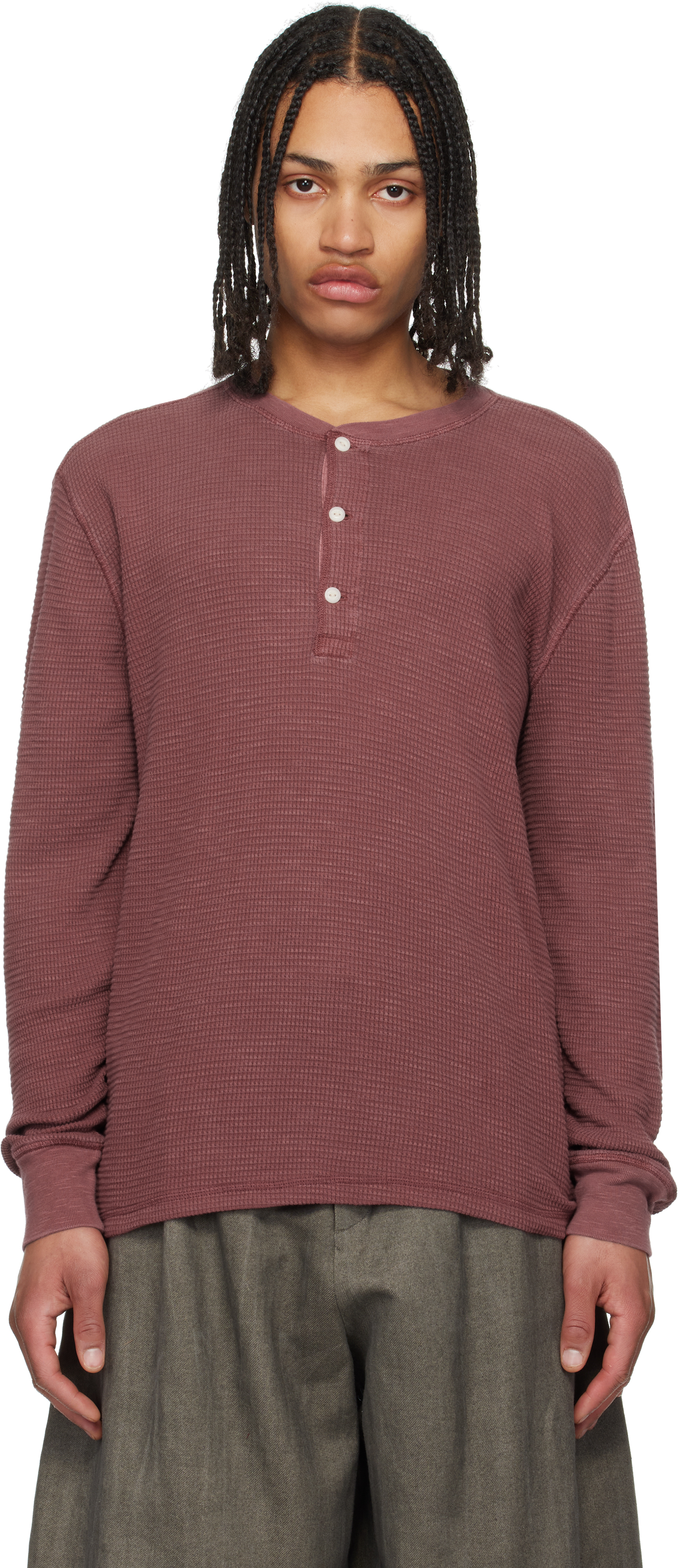 Burgundy Garment-Dyed Waffle-Knit Henley