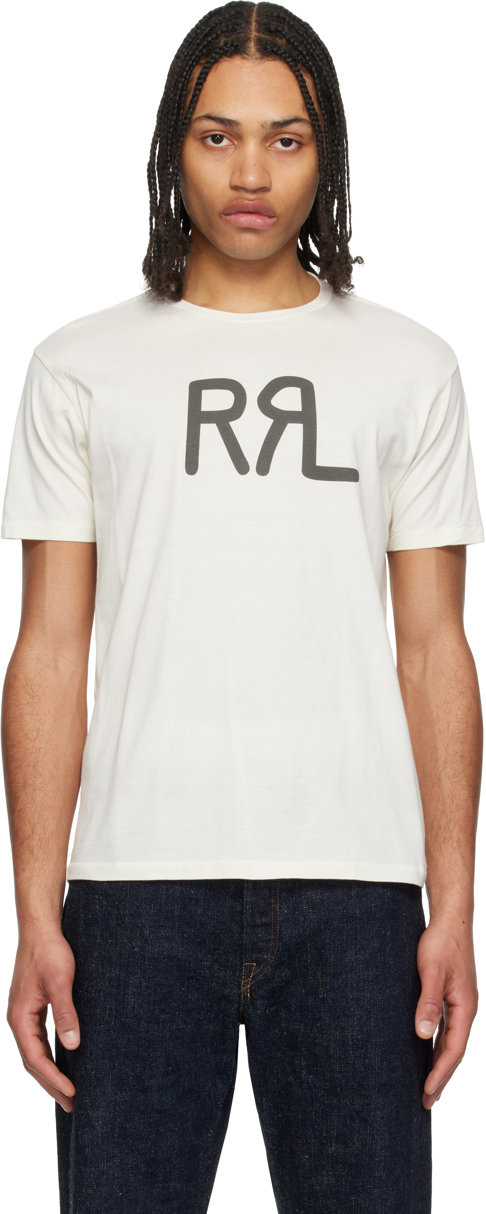 【RRL】Ranch コットン ロゴプリント クルーネック 半袖 Tシャツ RRL: オフホワイト 'RRL' Ranch ロゴ Tシャツ | SSENSE 日本