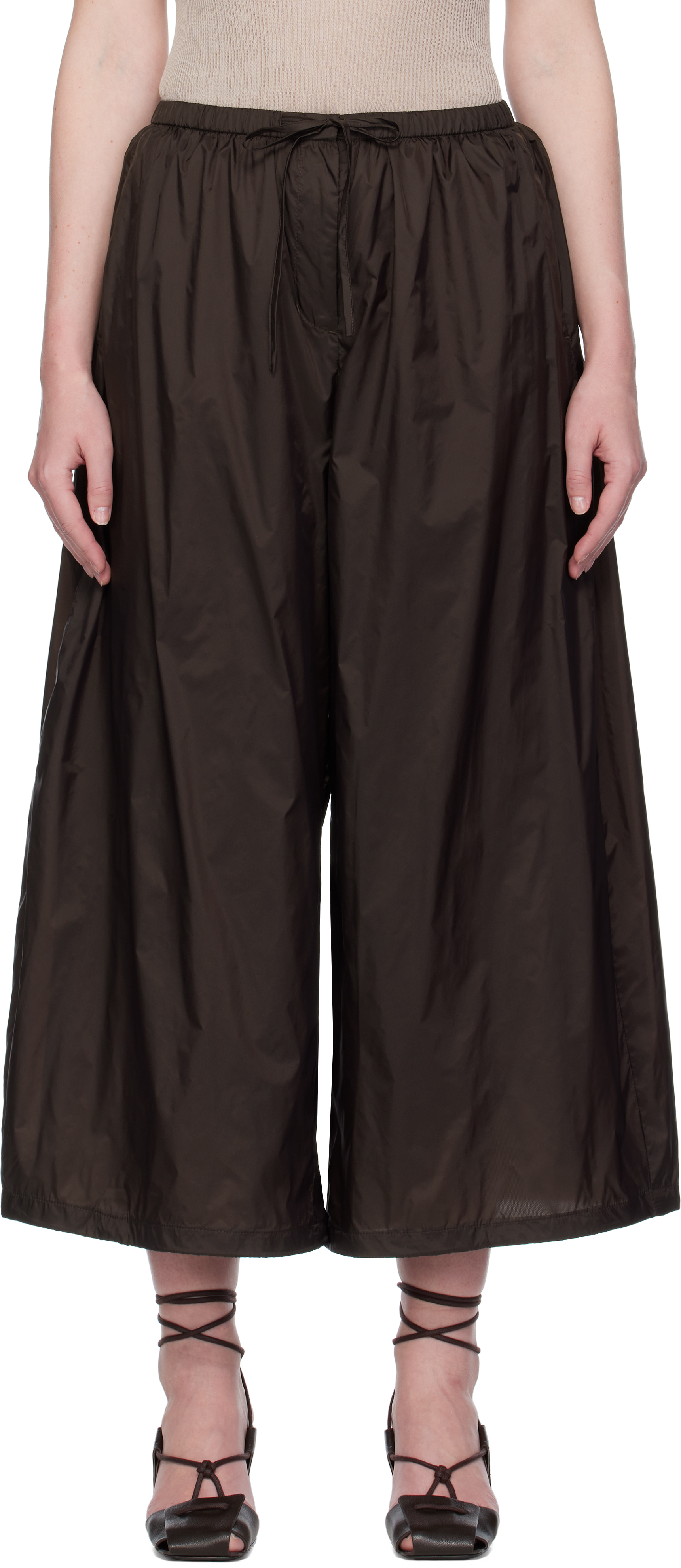 Brown Nylon Shirring Lounge Pants