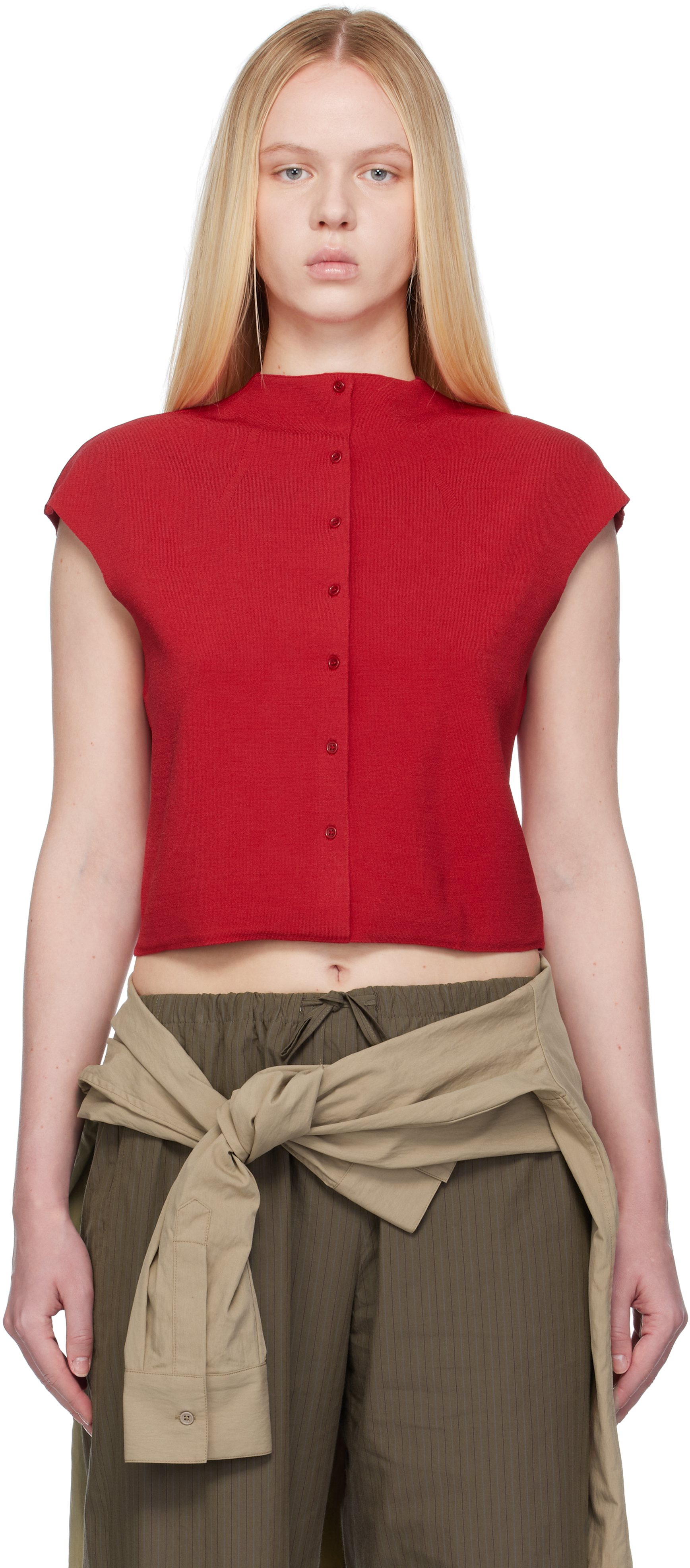 Red Wholegarment Cap Sleeve Cardigan Vest