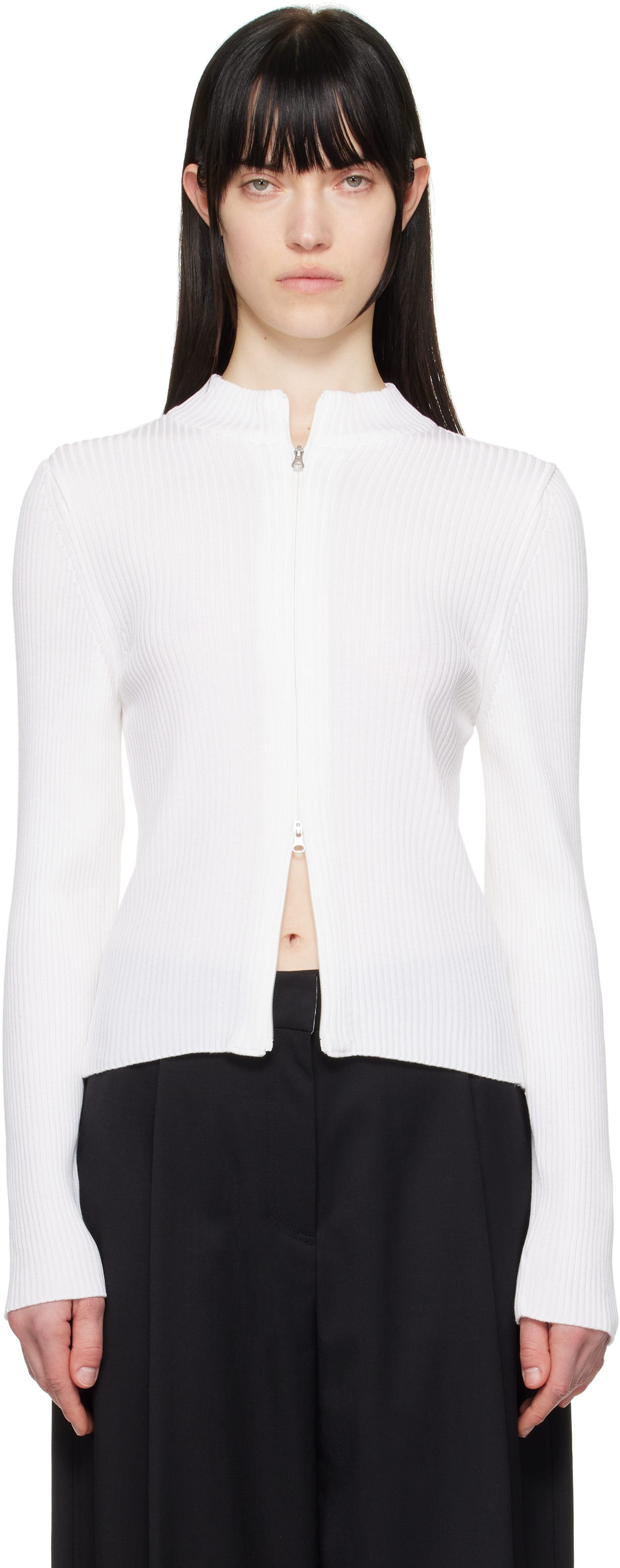 White Ribbed Mock Neck Cardigan by AMOMENTO on Sale