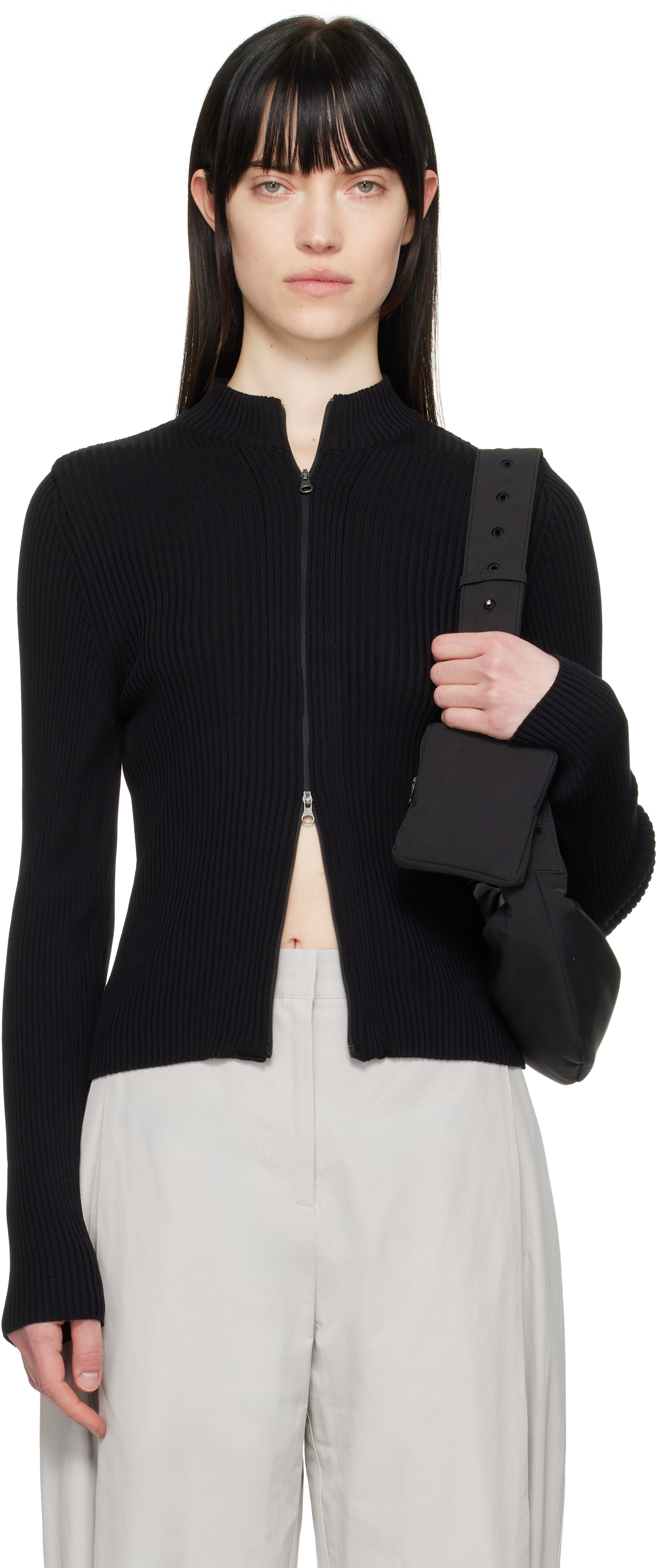 Black Ribbed Mock Neck Cardigan