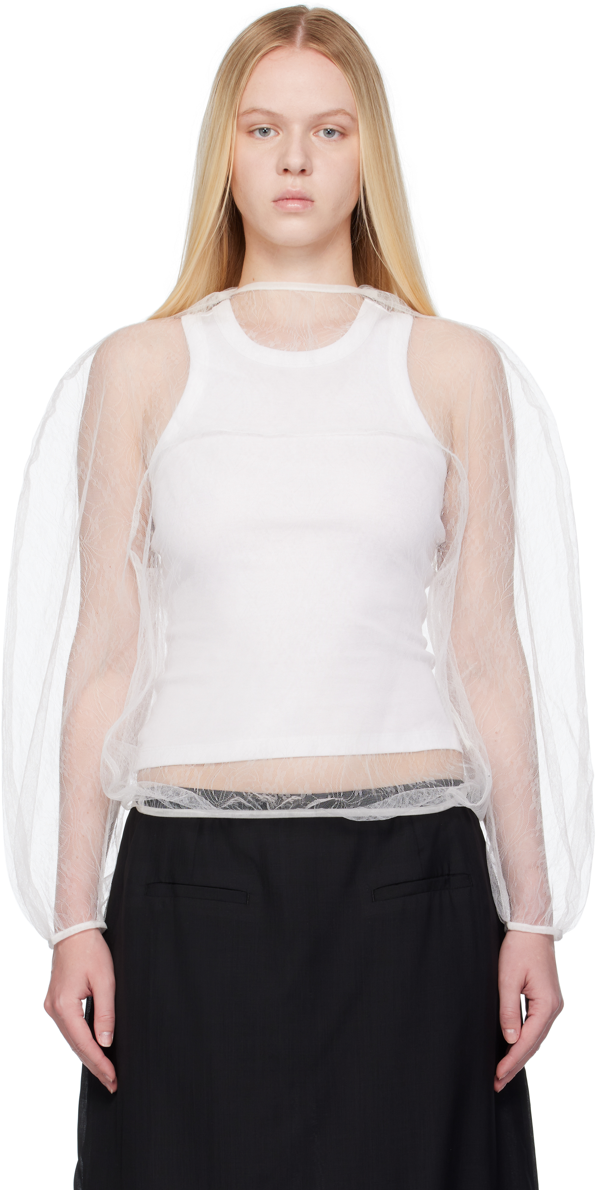 White Sheer Lace Mock Neck Top by AMOMENTO on Sale