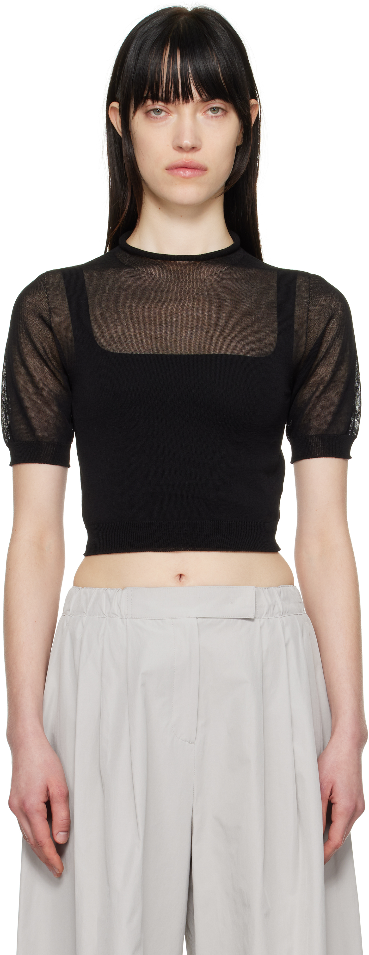 トップス AMOMENT sheer cropped knit AMOMENTO: Black Sheer Cropped Knit Sweater | SSENSE