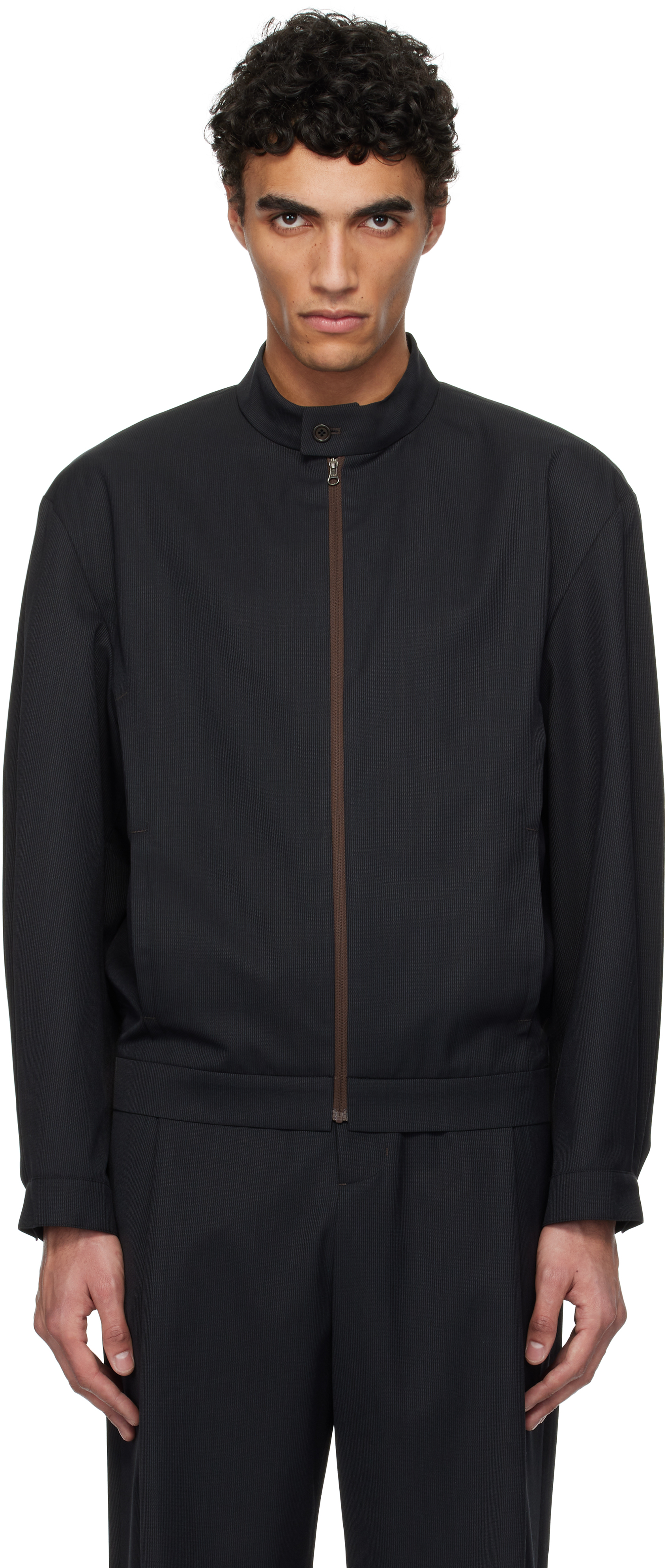 Black Wool Stripe Zip-Up Jacket