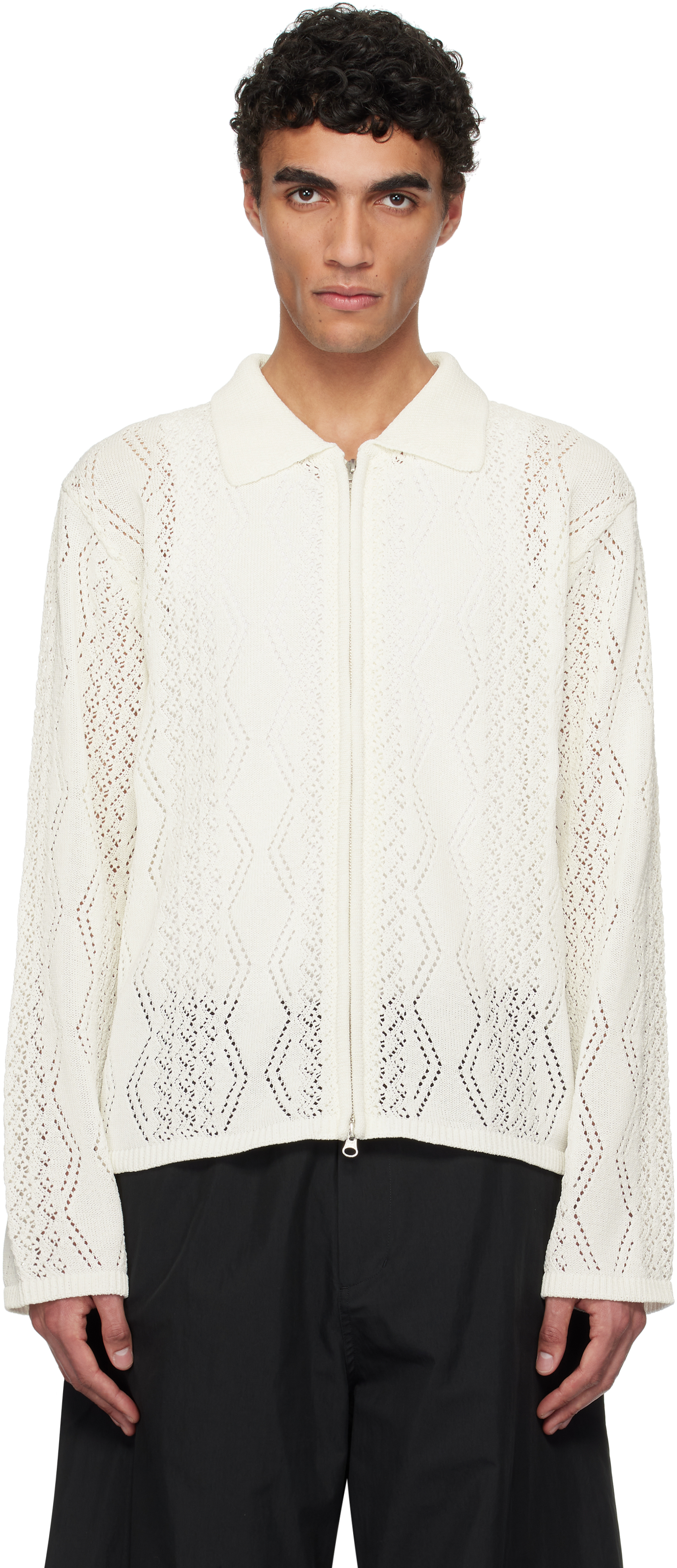 White Crochet Zip-Up Cardigan