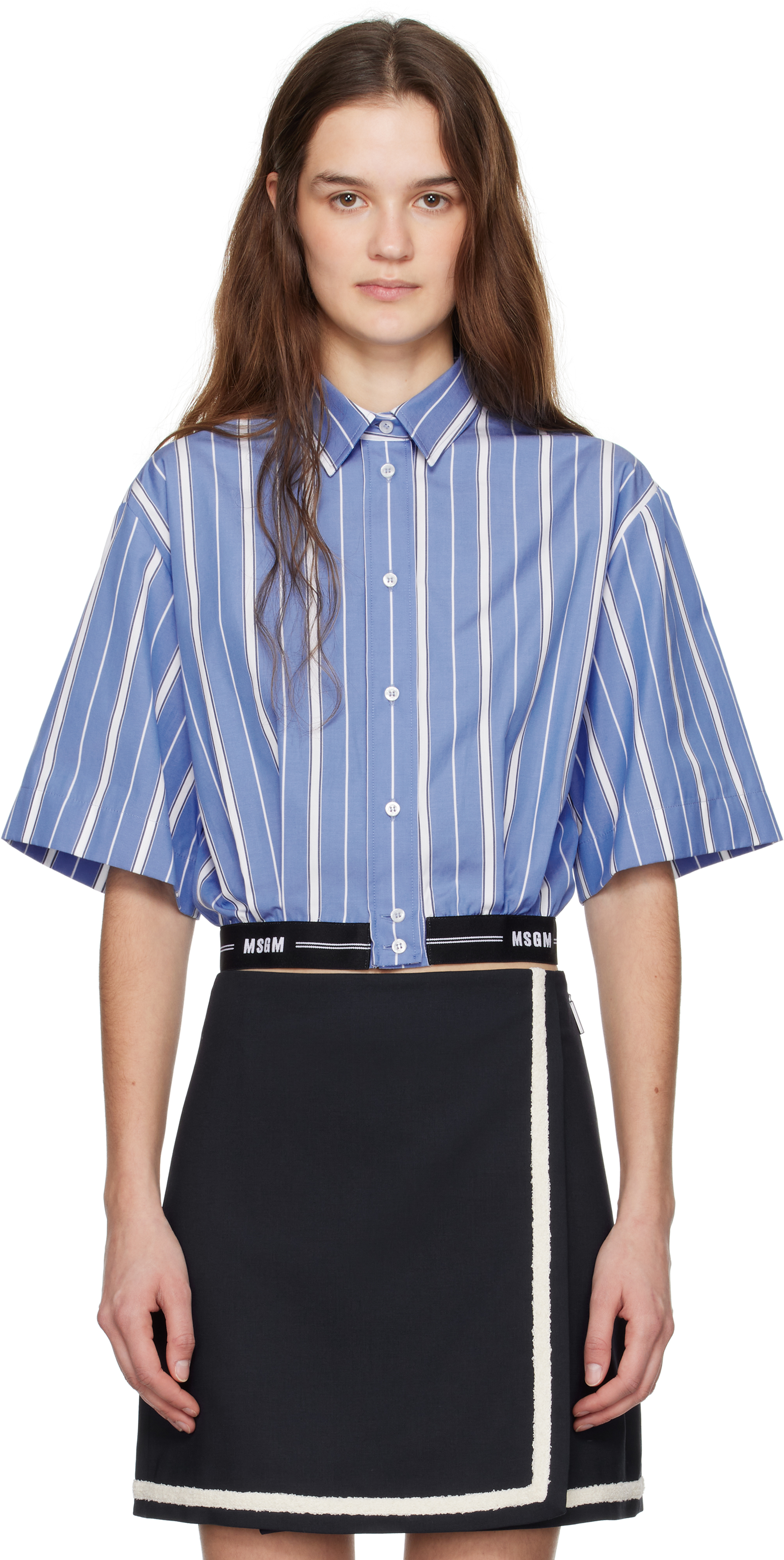 MSGM｜ (3740MM99 247587 98) MSGM Light Blue Crop Shirt With Logo On The Front And