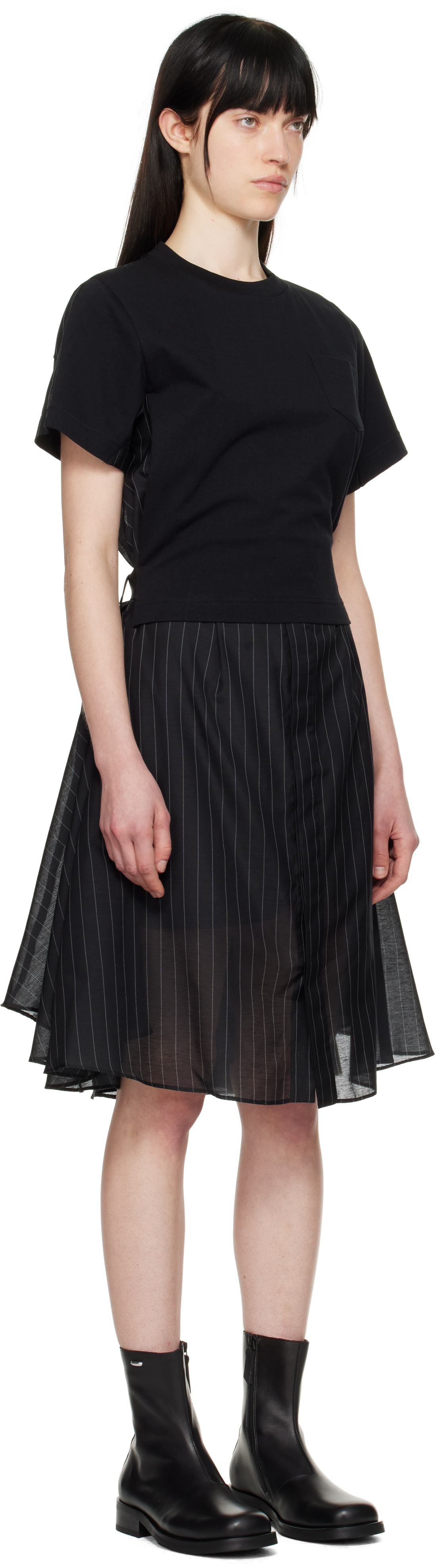 Sacai Pinstripe Knit Front Midi T-shirt Dress In 816 Black Stripe