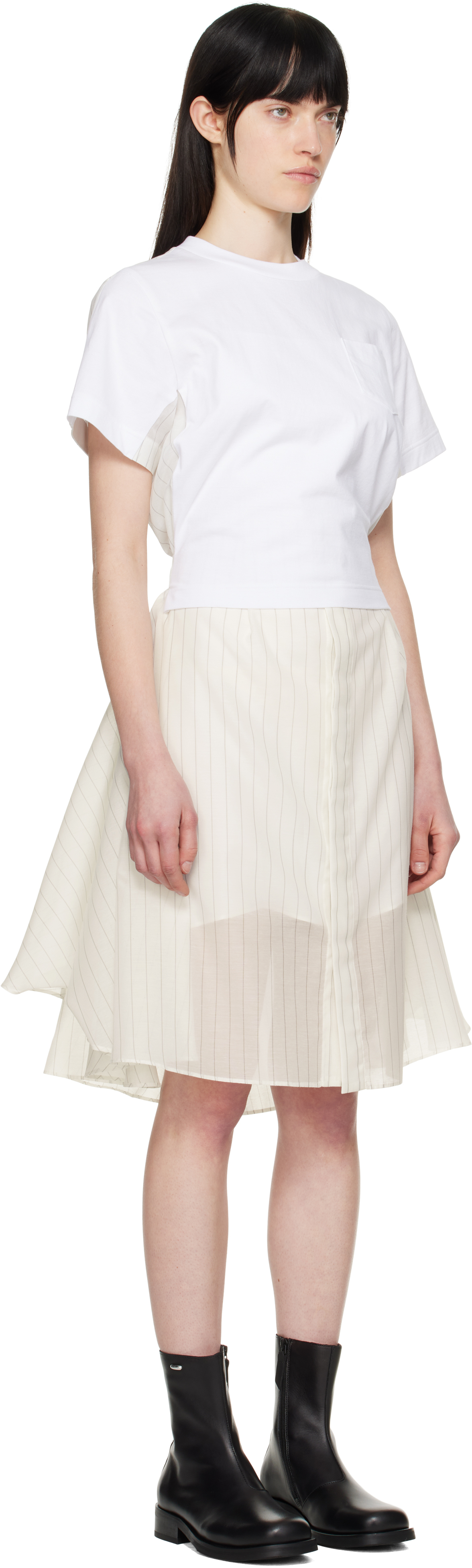 Sacai Off-white Spun Organza & Cotton Jersey Midi Dress In 817 Off White Stripe