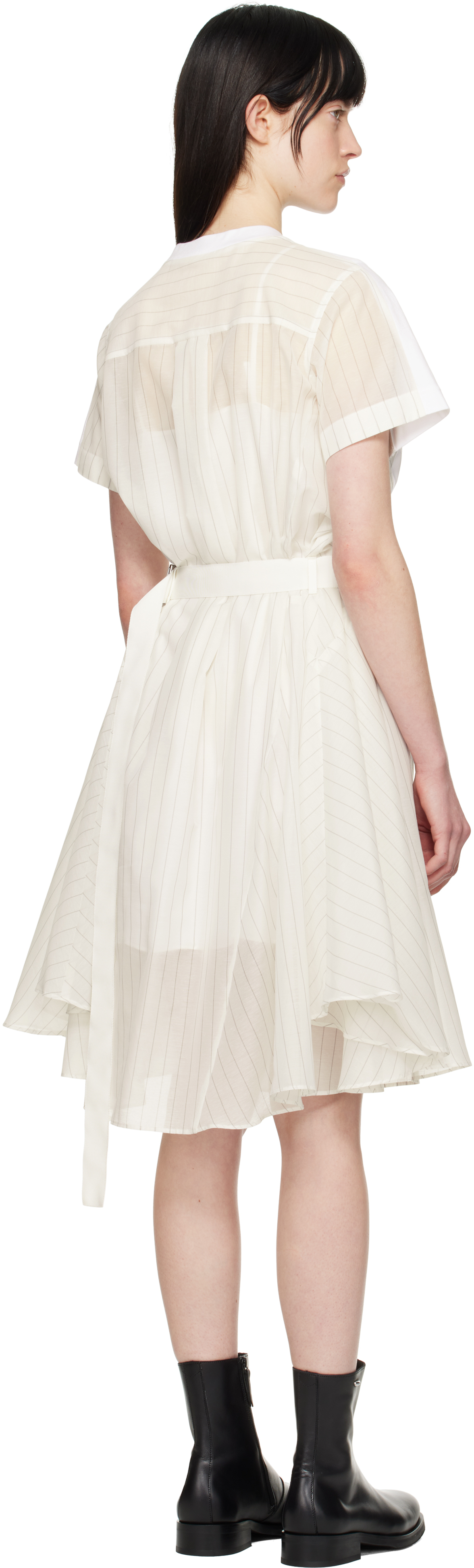 Sacai Off-white Spun Organza & Cotton Jersey Midi Dress In 817 Off White Stripe