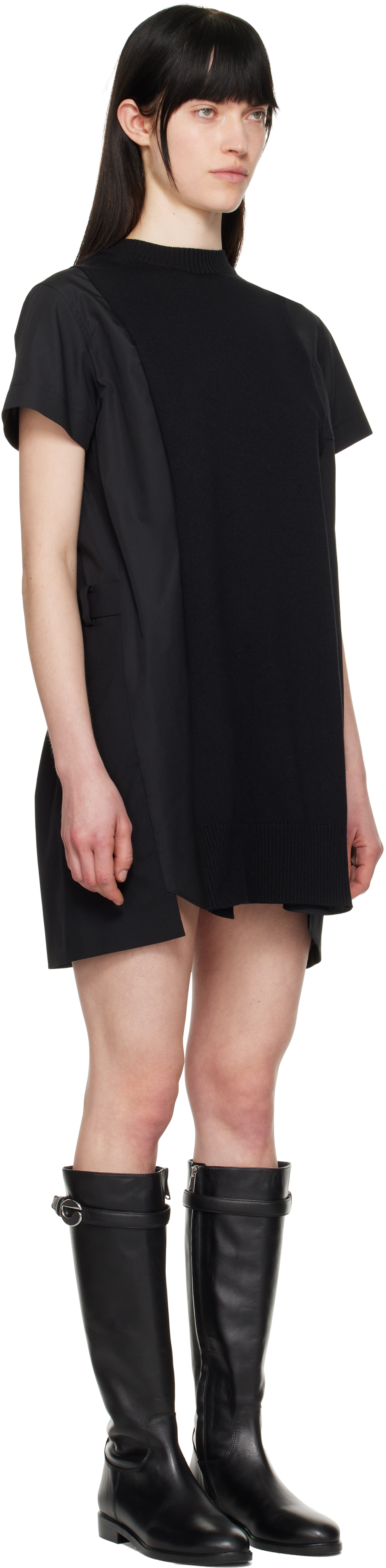 Sacai Black Poplin & Knit Minidress In 001 Black