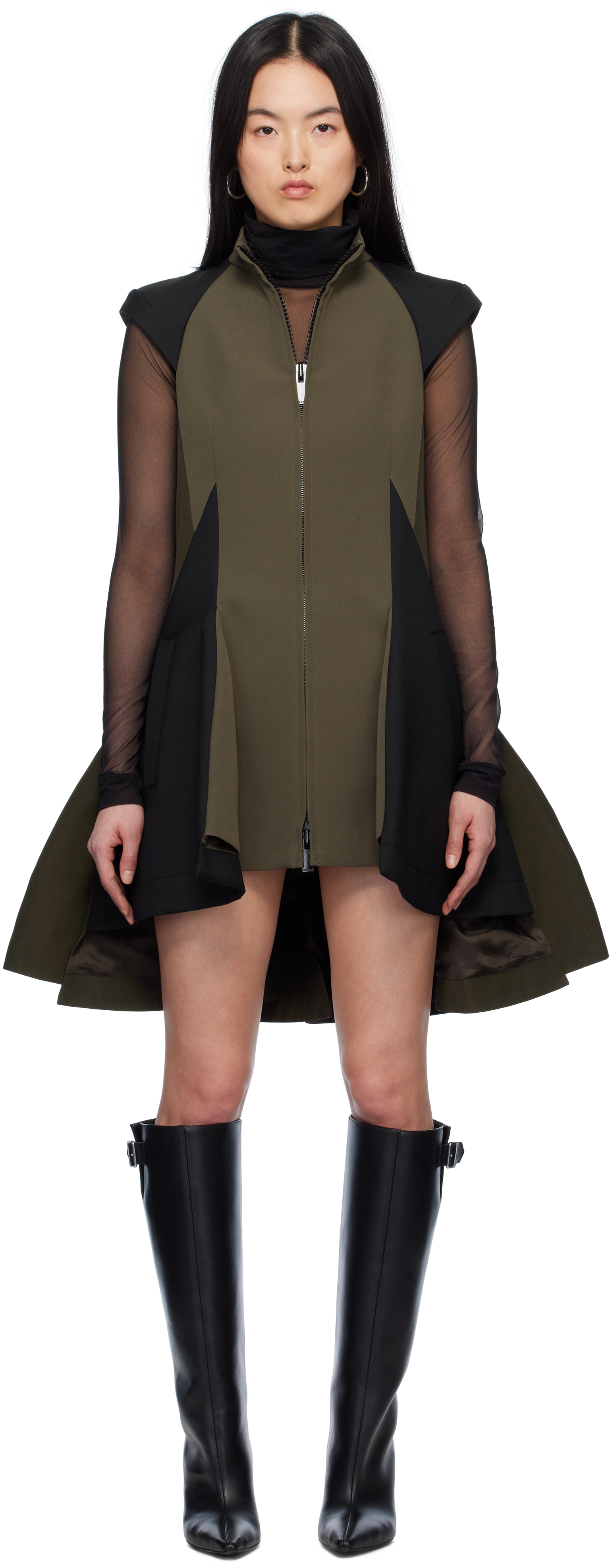 Khaki & Black Matelasse Twill Mix Minidress