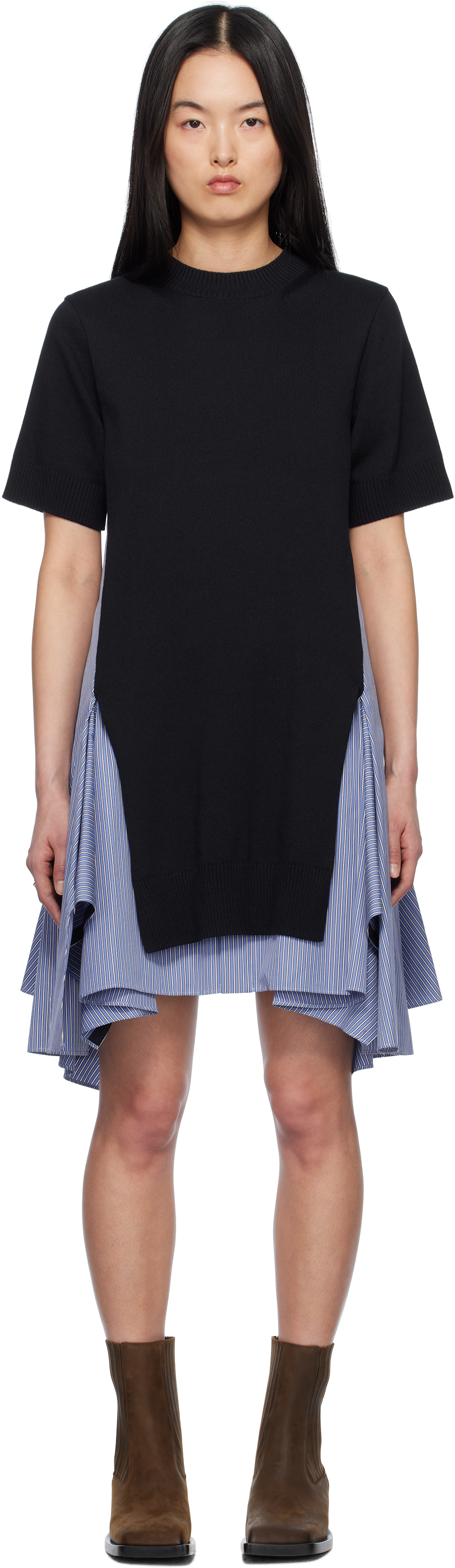 Shop Sacai Navy & Blue Cotton Poplin & Knit Midi Dress In 239 Navy×blue Stripe