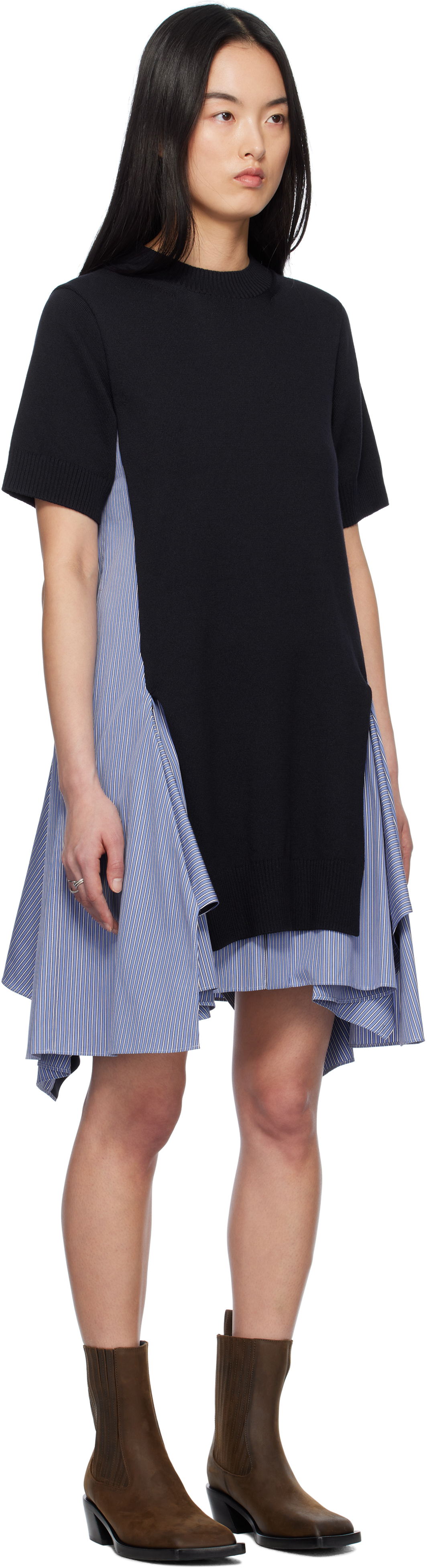 Shop Sacai Navy & Blue Cotton Poplin & Knit Midi Dress In 239 Navy×blue Stripe