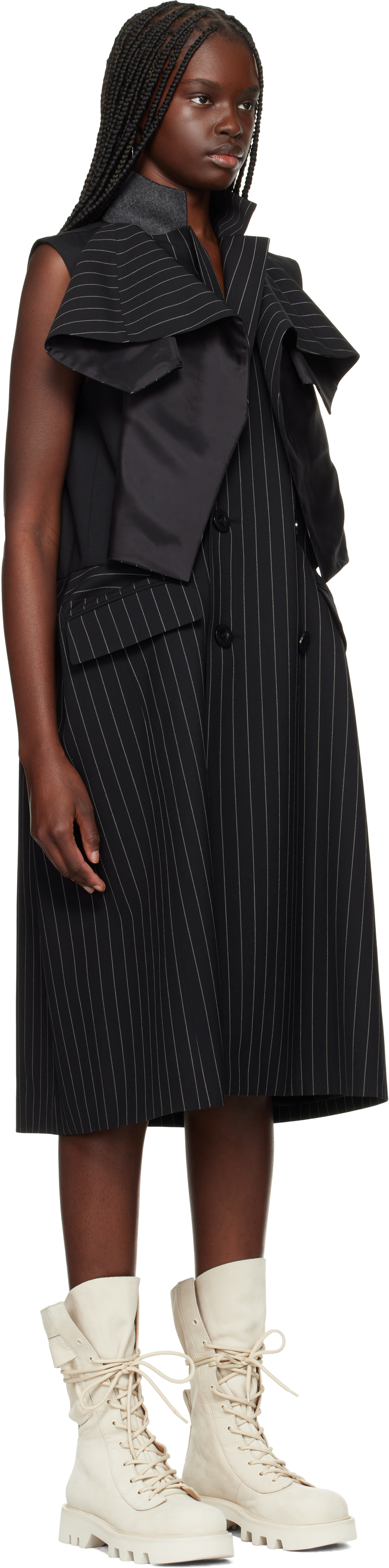 Sacai Black Wool Silk Suiting Midi Dress In 816 Black Stripe
