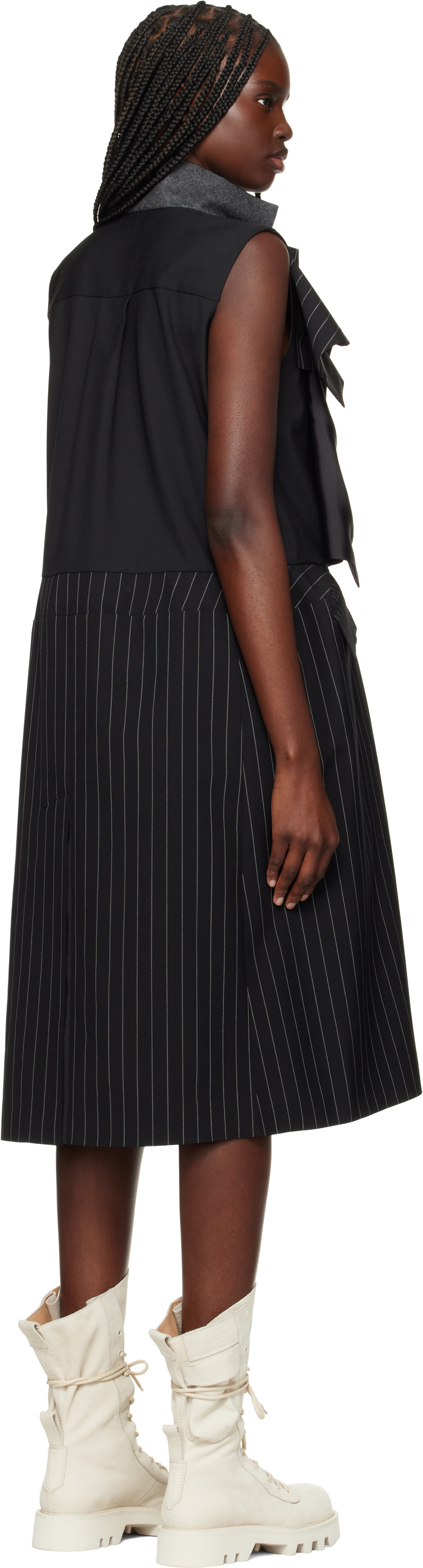 Sacai Black Wool Silk Suiting Midi Dress In 816 Black Stripe