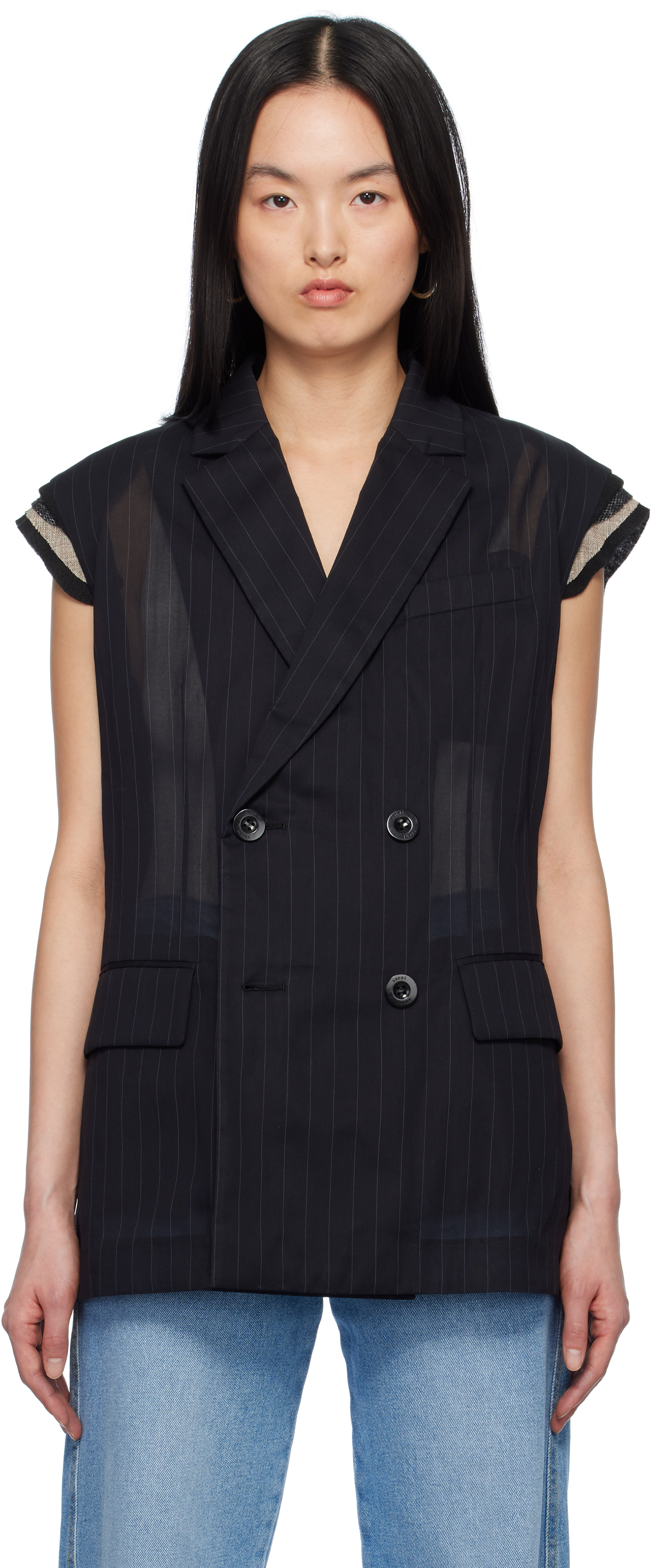 国内より1WEEK【sacai】High Twist Voile Vest Black High Twist Voile Vest by sacai on Sale