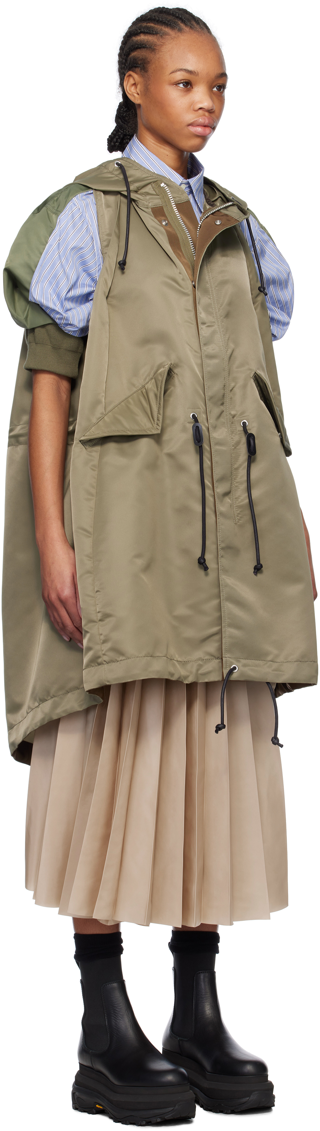 Sacai Khaki Nylon Twill Hooded Vest Coat In 550 Taupe