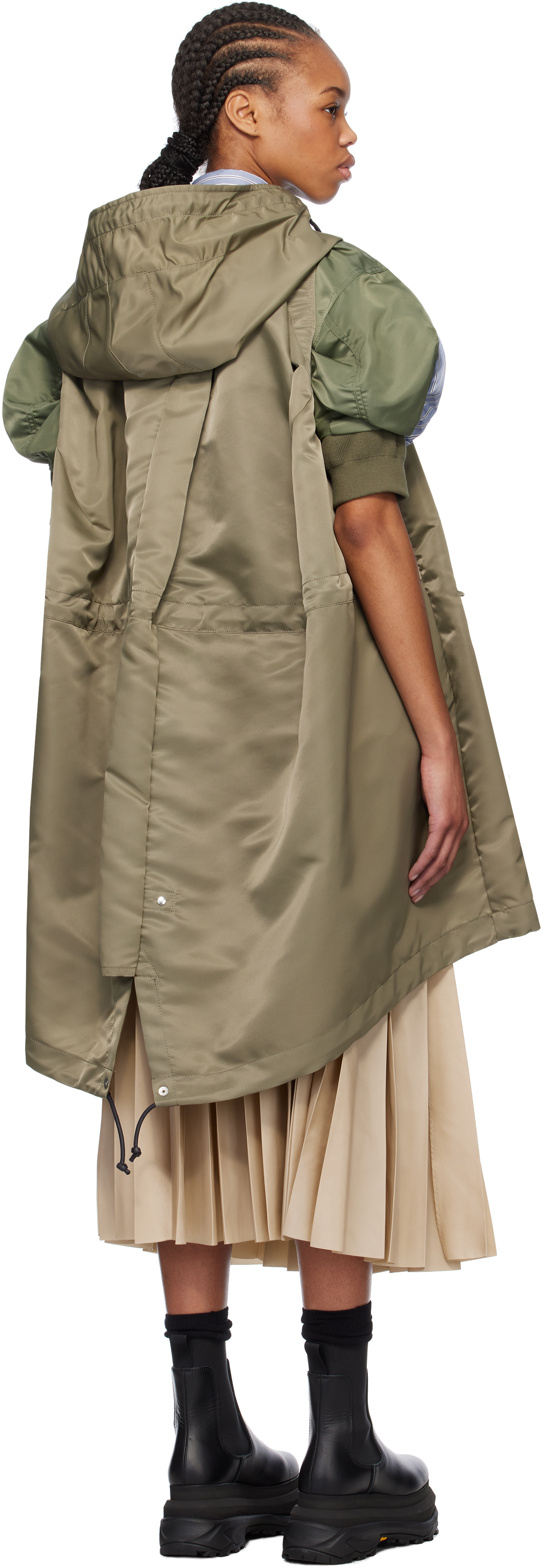 Sacai Khaki Nylon Twill Hooded Vest Coat In 550 Taupe