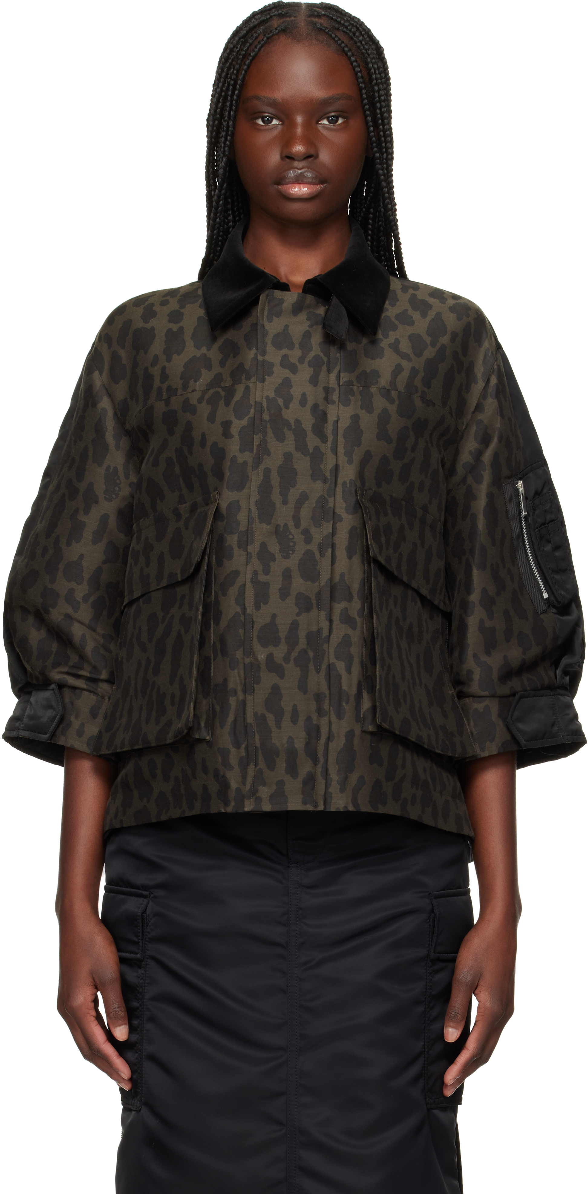 Brown Leopard Print & Nylon Twill Jacket by sacai on Sale