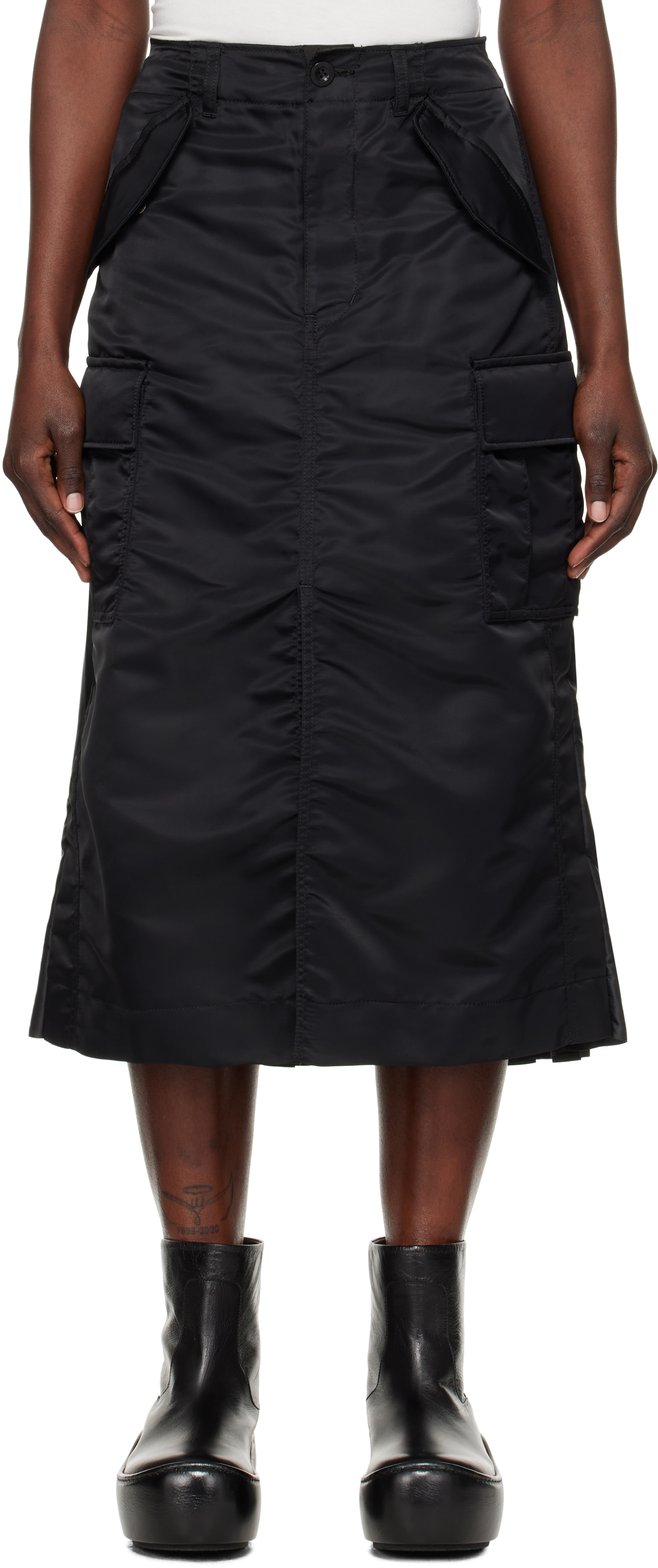 Black Nylon Twill Midi Skirt