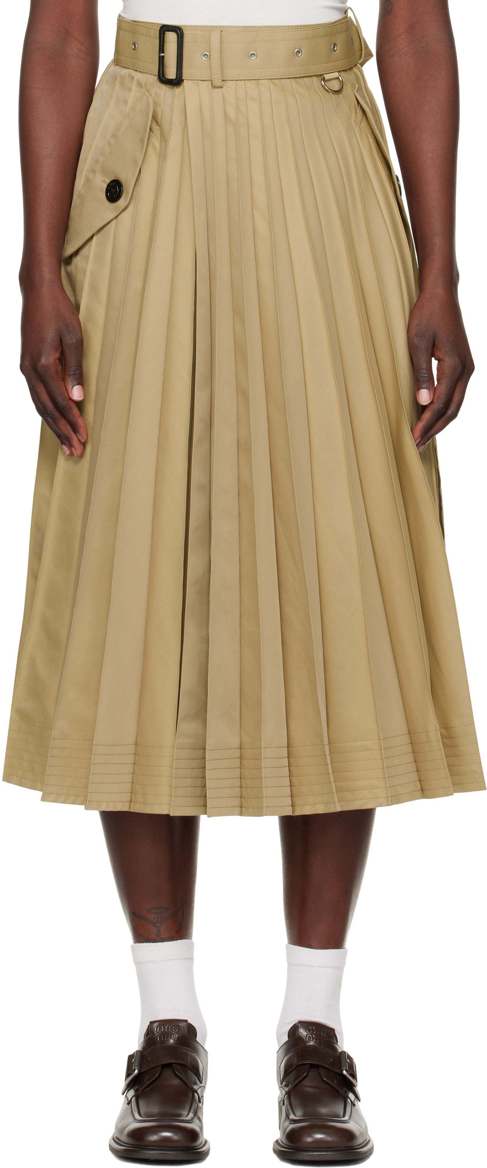 Beige Cotton Gabardine Midi Skirt