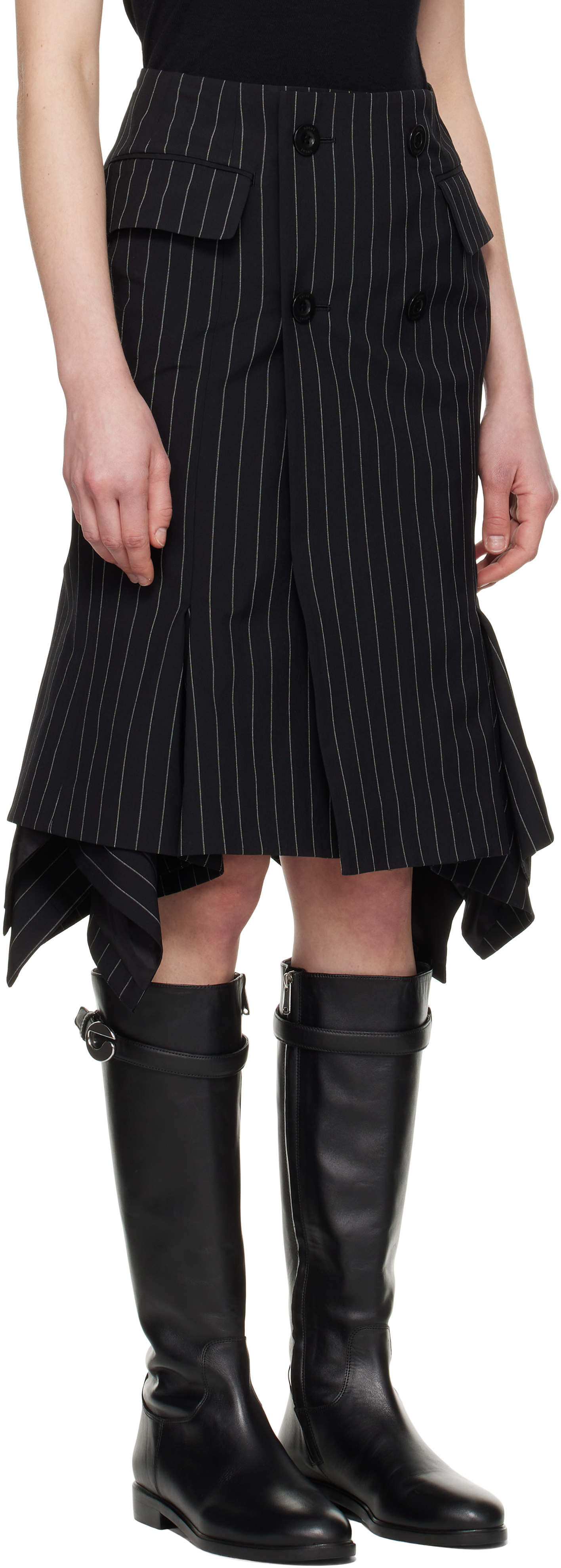 Sacai Black Wool Silk Suiting Midi Skirt In 816 Black Stripe
