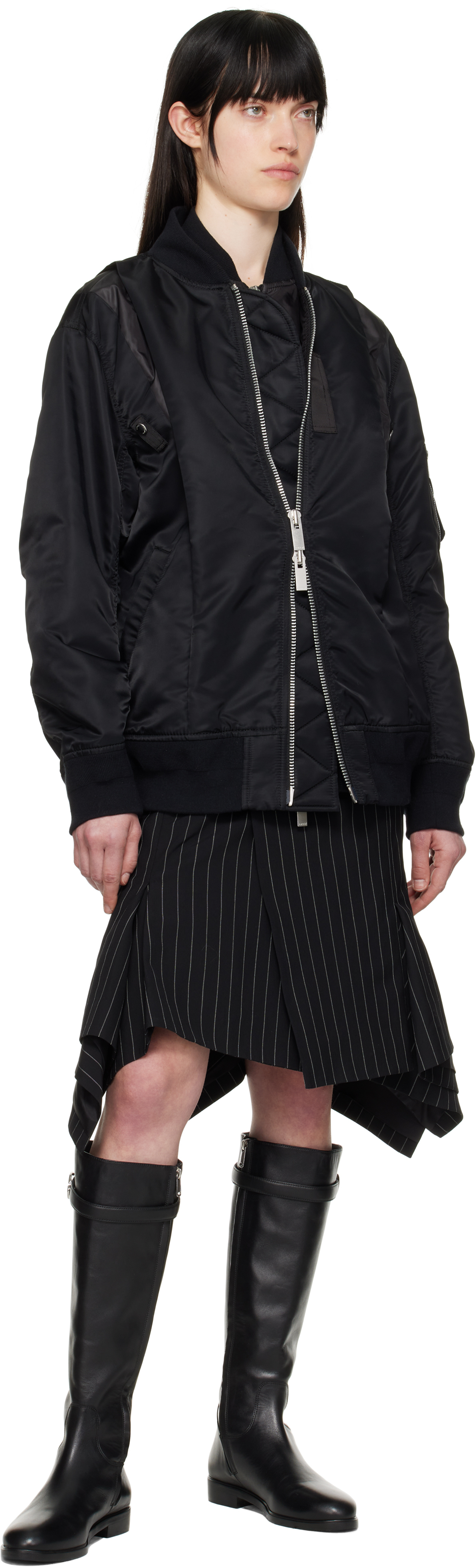 Sacai Black Wool Silk Suiting Midi Skirt In 816 Black Stripe