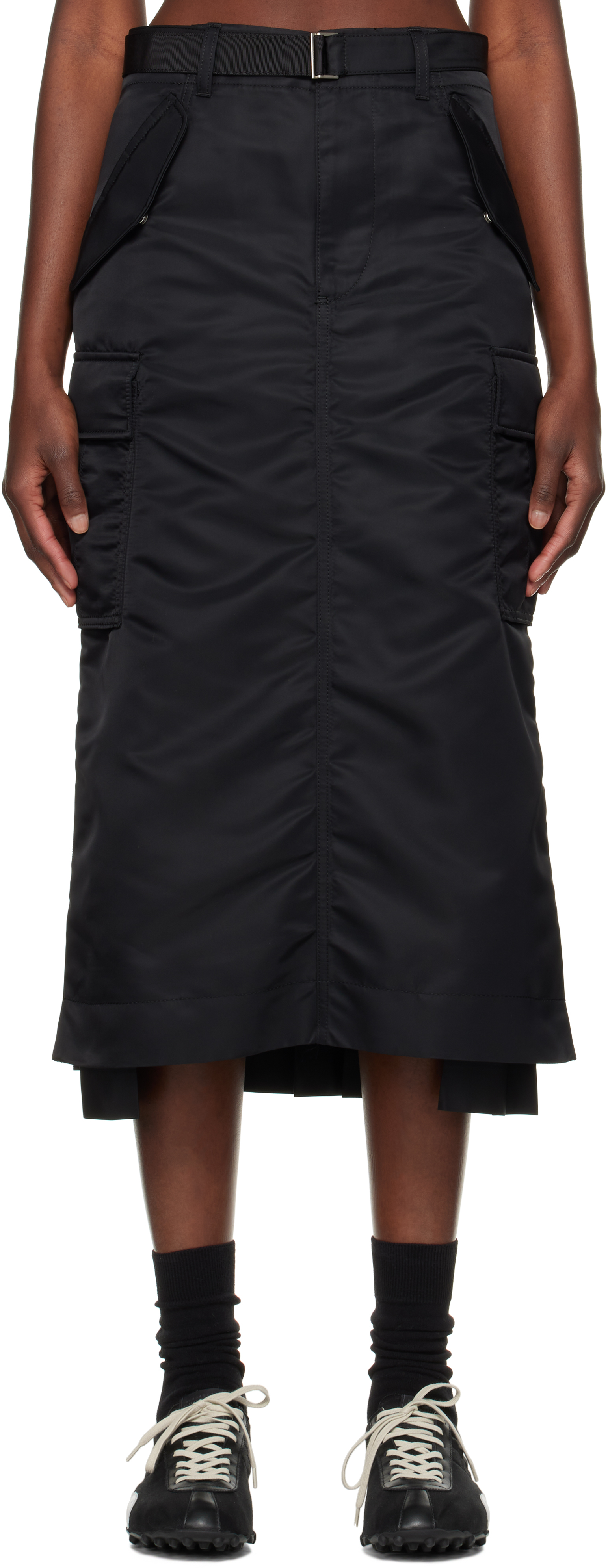 Black Nylon Twill Midi Skirt