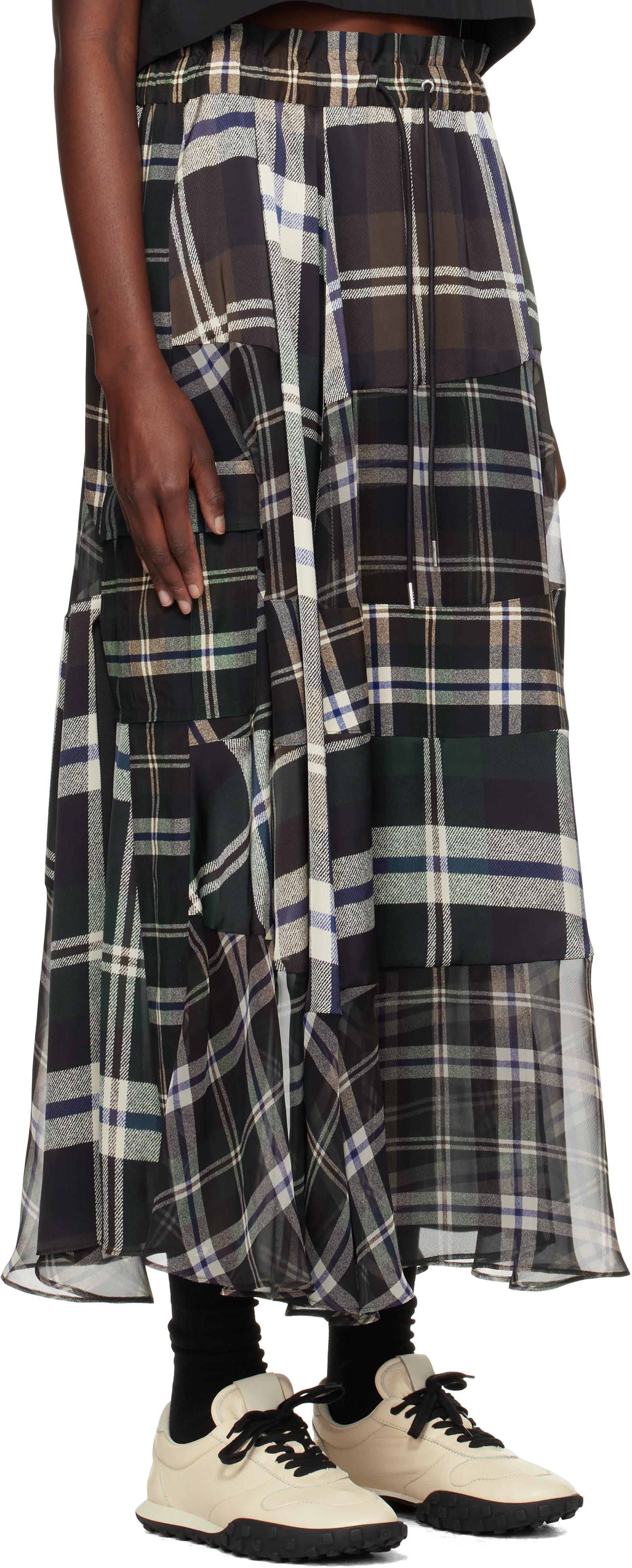 Shop Sacai Green & Brown Plaid Print Maxi Skirt In 564 Green*brown
