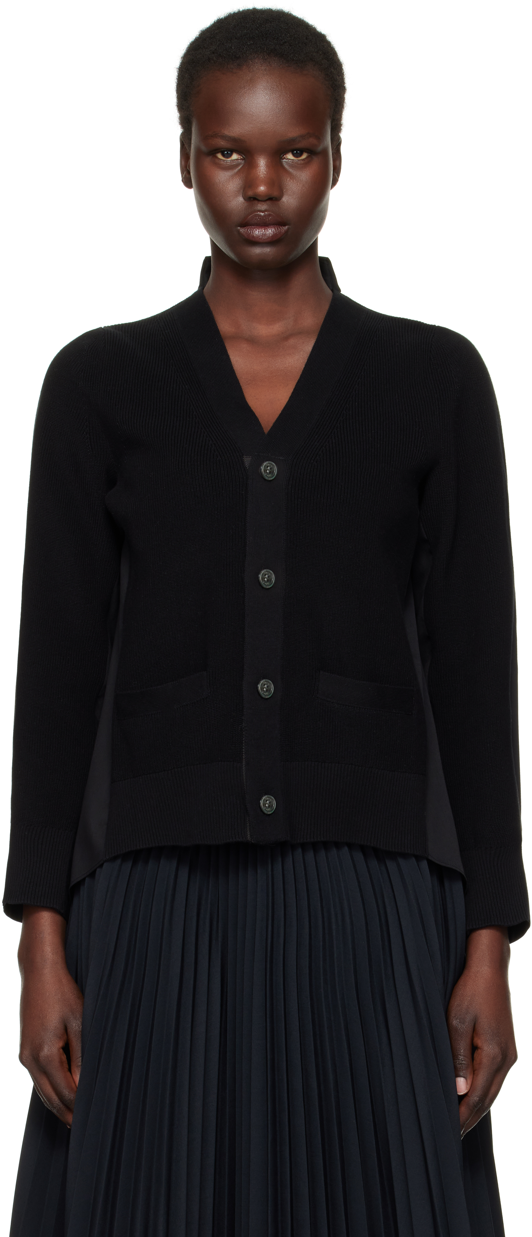 Black Cotton Knit x Cotton Poplin Cardigan