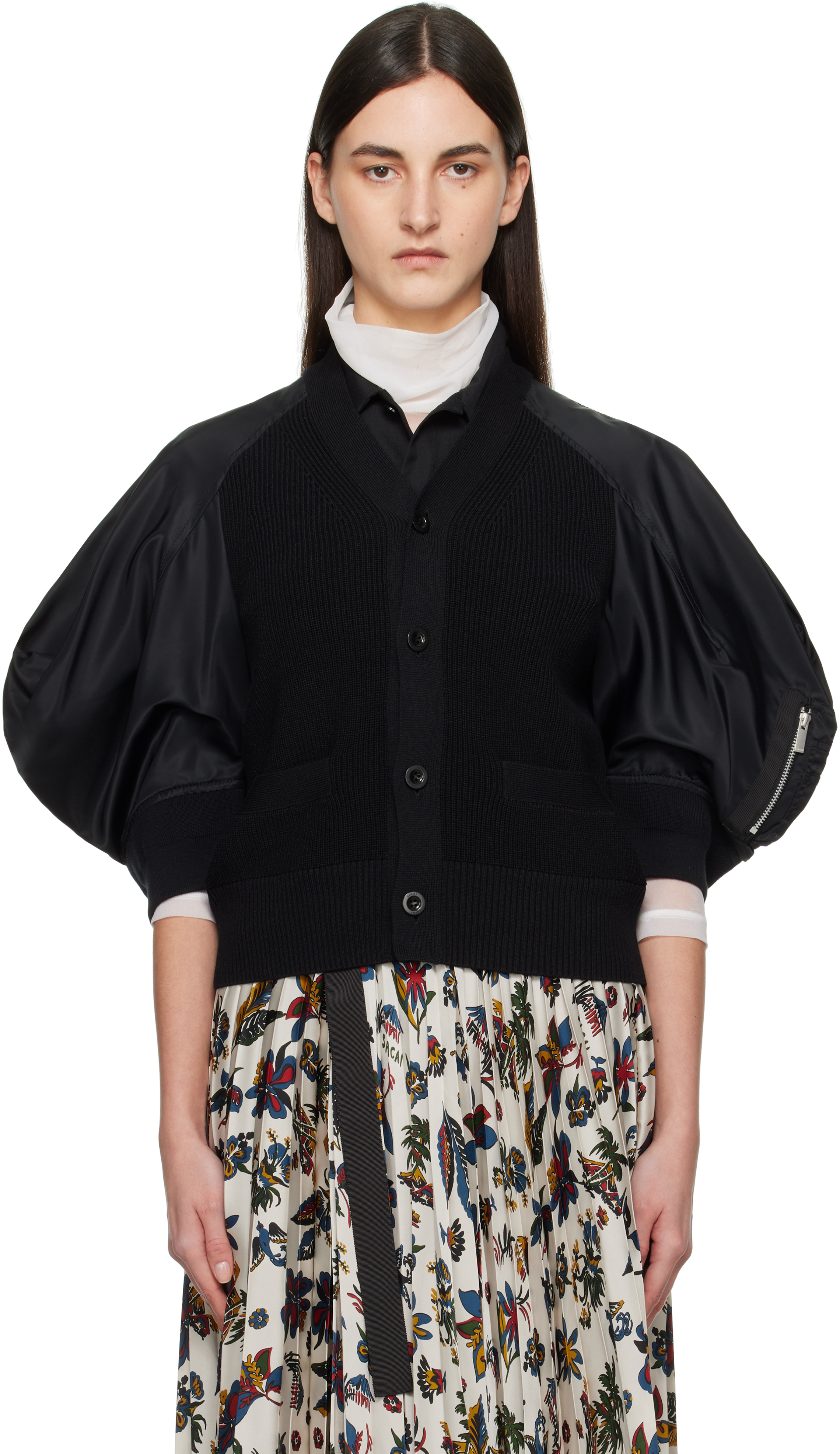 Sacai Hybrid Denim Top With Cardigan Overlay In 001 Black