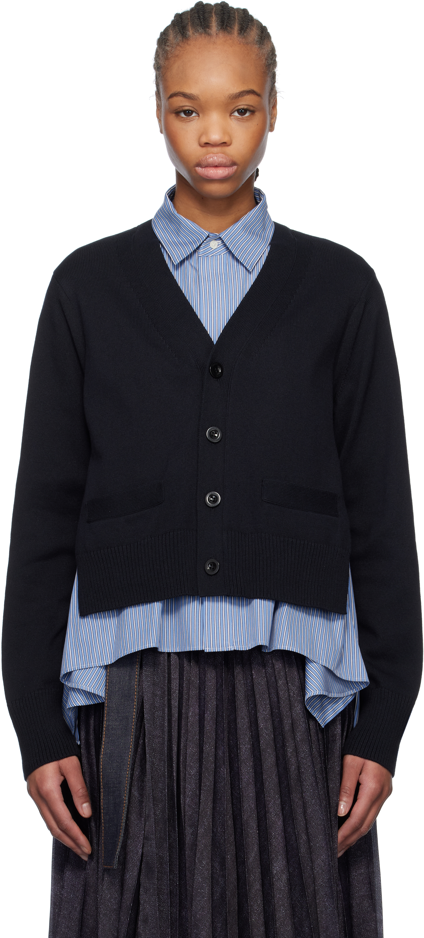 Navy Cotton Poplin & Knit Cardigan