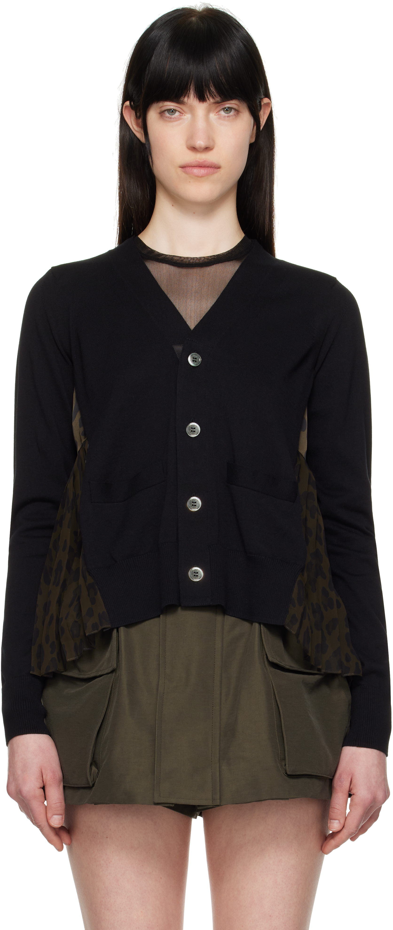 sacai: Black & Brown Leopard Print & Knit Cardigan | SSENSE sacai: Black & Brown Leopard Print & Knit Cardigan | SSENSE
