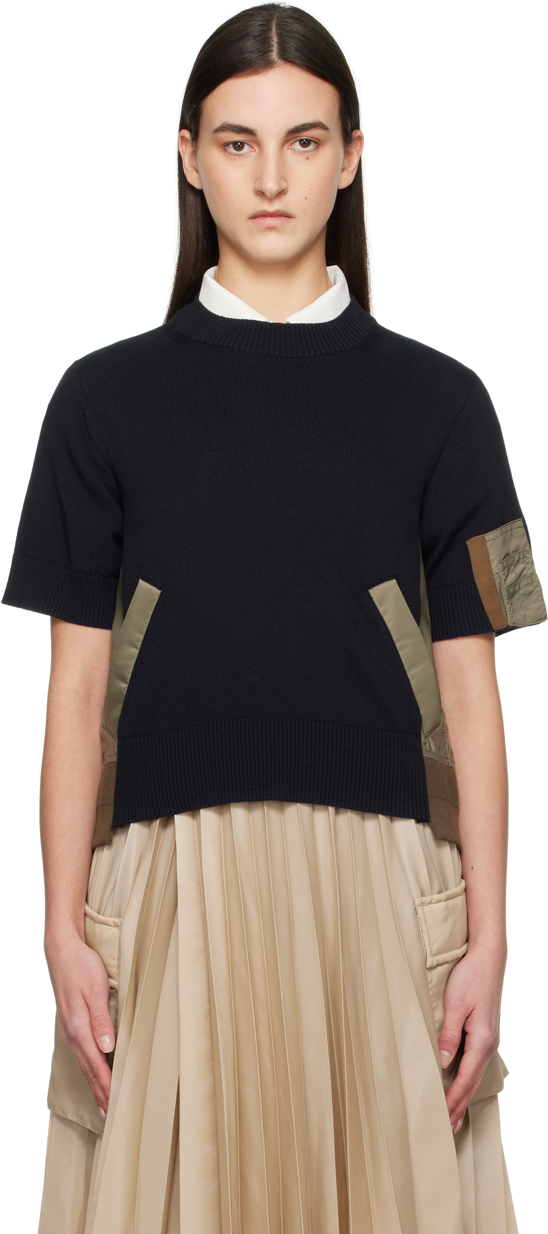 sacai: Navy & Khaki Nylon Twill x Knit Sweater | SSENSE