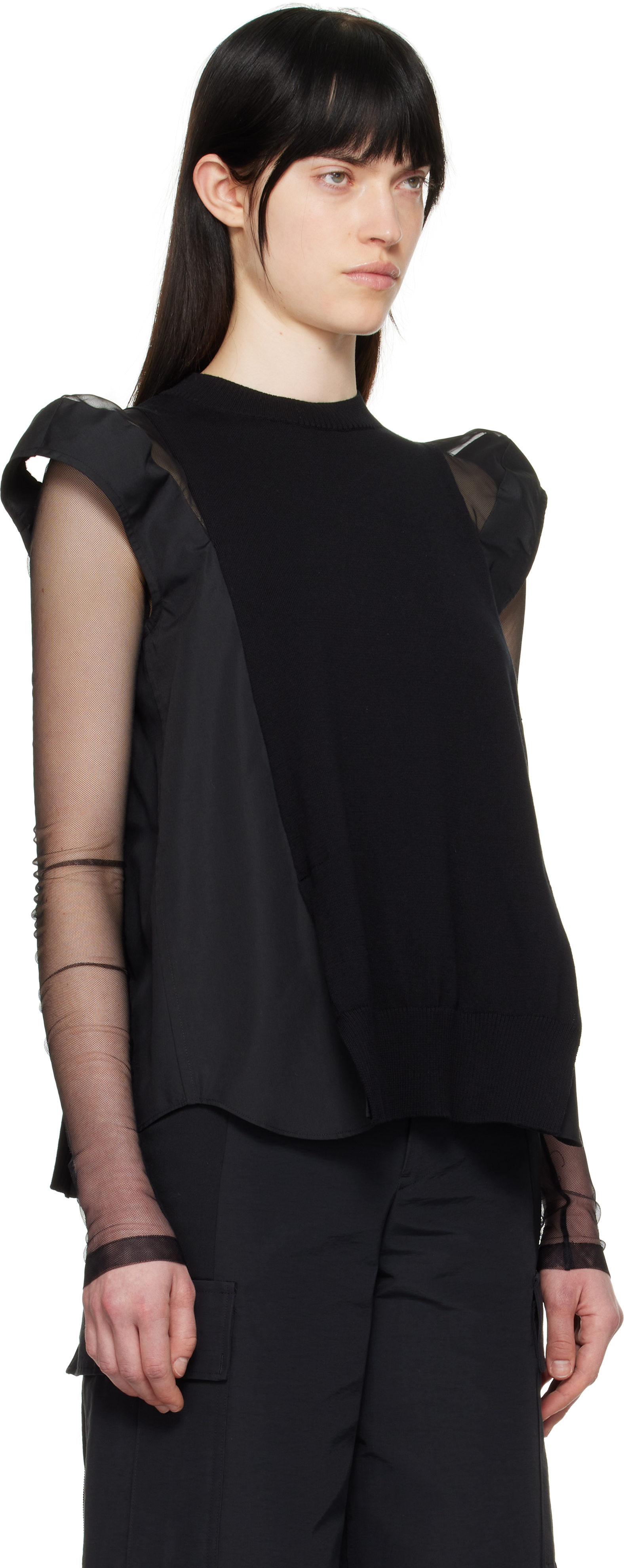 Shop Sacai Black Poplin & Knit Sweater In 001 Black