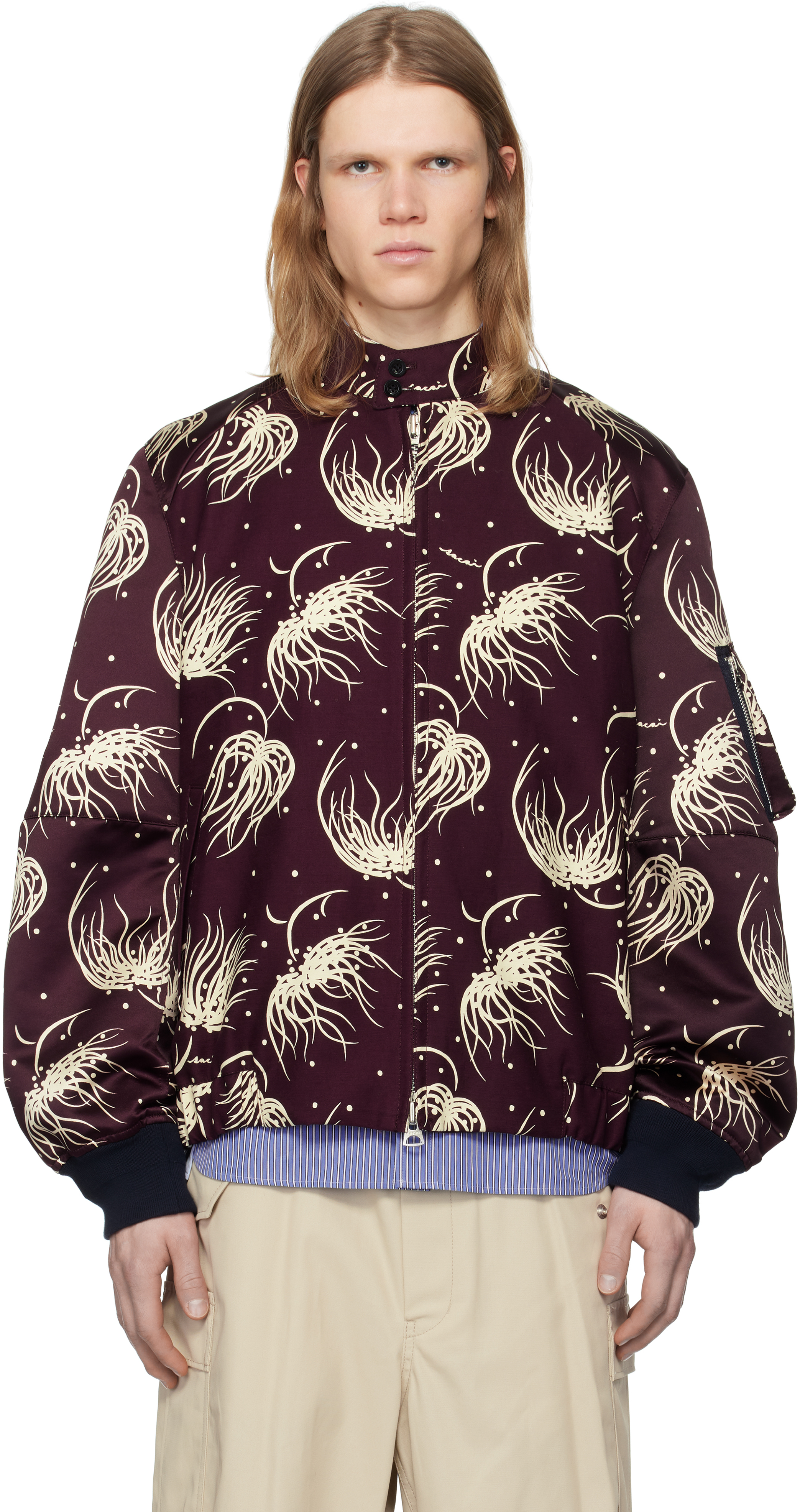 sayaです Burgundy Dot Flower Print Bomber Jacket by sacai on Sale