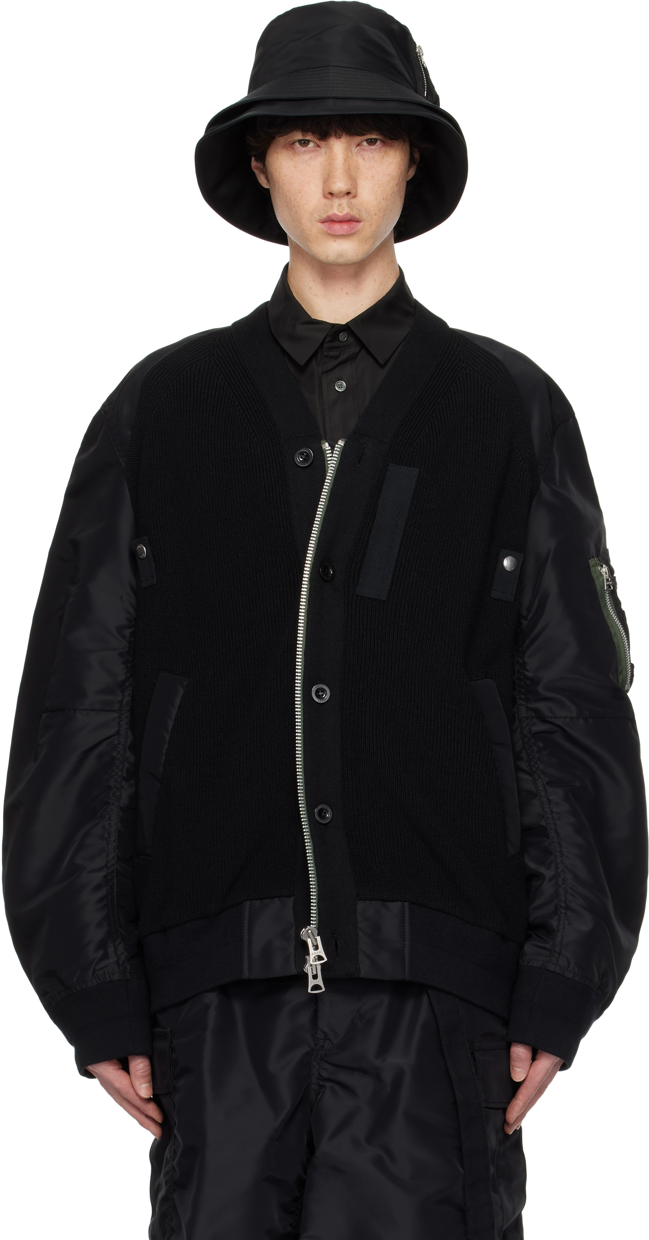 Black Nylon Twill x Knit Bomber Jacket