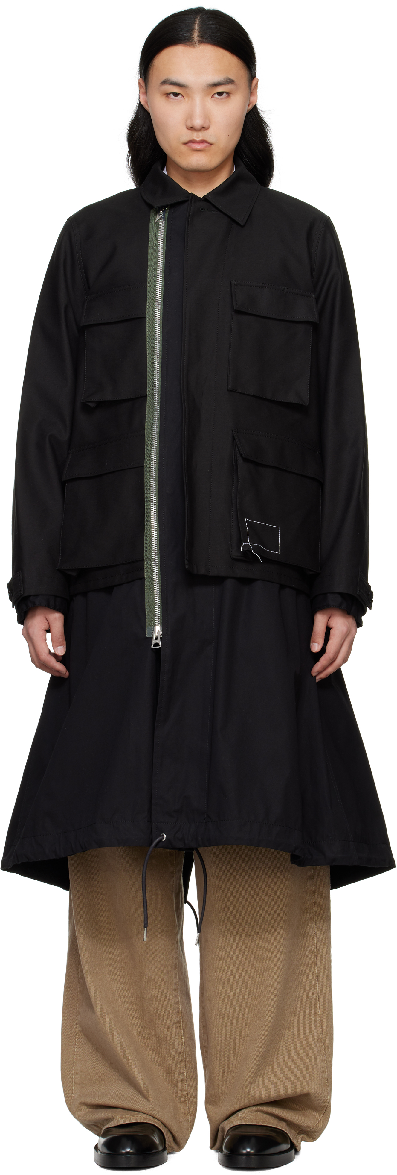 sacai: Black WTAPS Edition Cotton Back Satin Coat | SSENSE