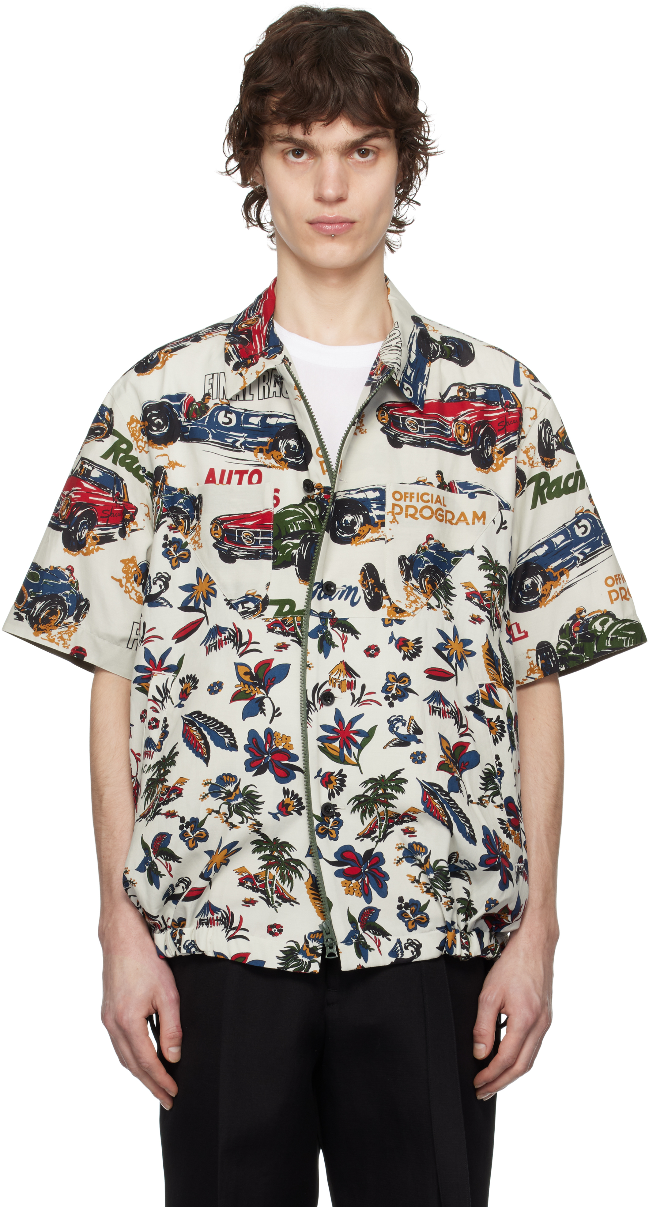 Sacai Short-sleeved Shirt With Classic Collar And Tropical Motif In Multi